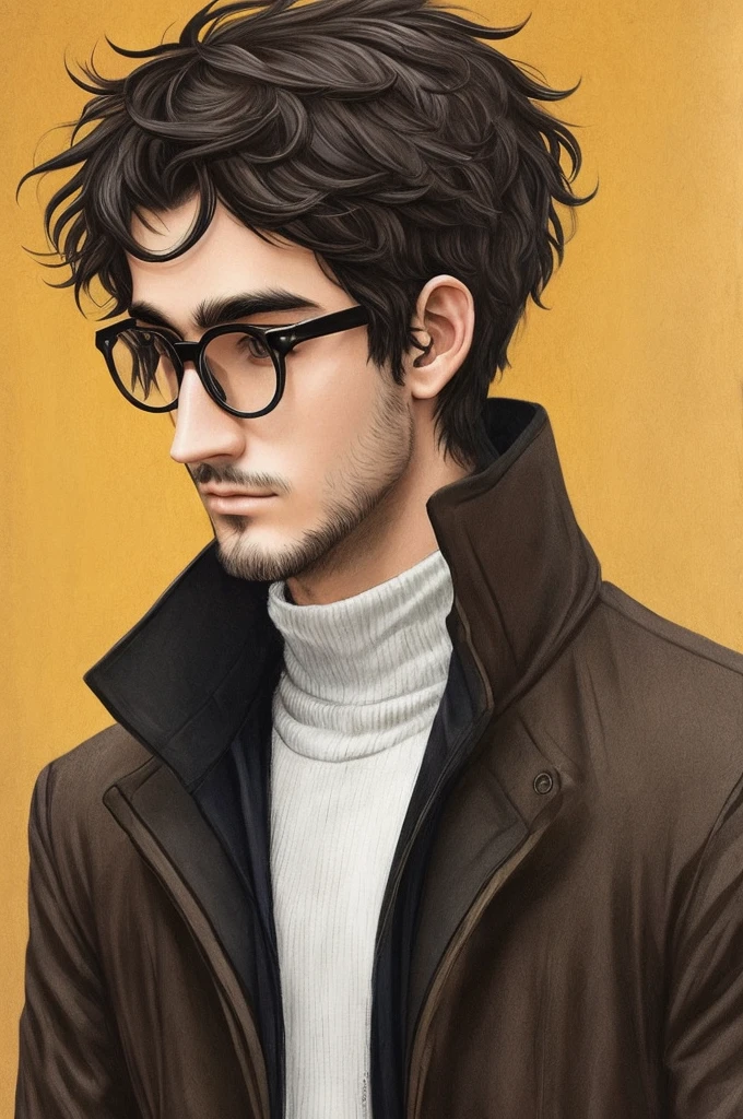 young man with black wavy hair and yellow eyes. He wears thin-rimmed glasses and has a pale, slender face with delicate features., including a straight nose and thin lips. His expression is serious and distant. He is dressed in a black jacket with fine geometric details over a red turtleneck.. He also has a pair of large, black wings with detailed feathers that extend from his back.. The background should be a simple beige color to highlight the character. snow scenery background.