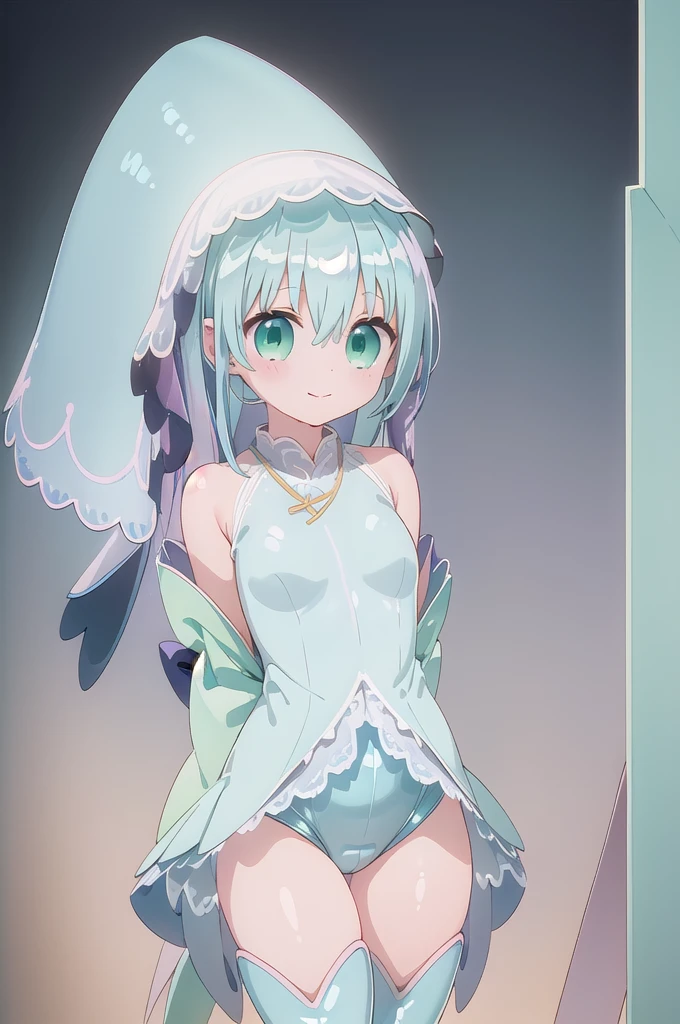 1girl,solo,cowboy shot,standing,(pastel blue hair:1.6),(long hair:1.4),one side long hair,bangs,hair_between_eyes,(green eyes:1.4),(beautiful fingers:1.4),(perfect anatomy:1.4),(arms_behind_back:1.6),(cold_shoulder:1.2),BREAK,(pastel blue kimono:1.6),(pastel blue leotard:1.4),(leather lace glossy silk lamé: 1.4),(latex luster shiny glossy metallic:1.4),(shiny_clothes:1.4),(medium breasts:1.1),beautiful breasts,(masterpiece),best quality,(Ultra high definition eyes:1.2),8k,(Beautiful detailed eyes:1.2),(Fine and beautiful eyes:1.2),(pretty eyes:1.2),finely detail,extremely CG, absurdres,high resolution,illustration,Detailed and beautiful outlines,finely detail,high resolution,(colorful refraction:1.4,Increase saturation:1.2),beautiful lighting,dynamic lighting,closed room,black background,simple background, smile,looking at viewer,Cecilia,jewelry,(pastel blue veil:1.4),(pastel blue thigh boots:1.4)