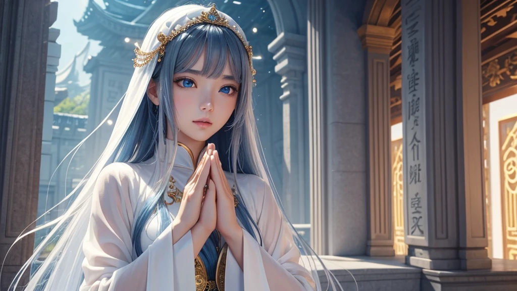 8K、Ultra HD、anime、(A very beautiful female character with beautiful features)、((Beautiful clear blue eyes))、(((The upper body is facing forward, looking at the camera)))、Beautiful long hair、Messy bangs、(((Beautiful depiction of the upper body)))、(A depiction of beautifully formed human limbs)、(((Beautiful long thin fingers)))、(((Prayer Pose)))、((Wearing a pale, shining, mysterious outfit))、((Goddess temple background))、(((I'm directing my gaze here)))、