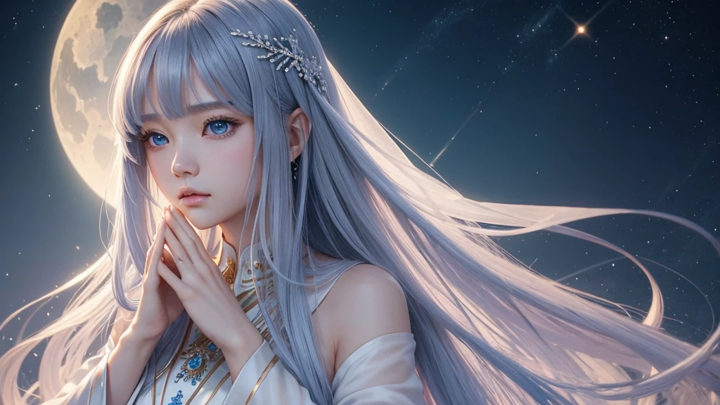 8K、Ultra HD、anime、(A very beautiful female character with beautiful features)、((Beautiful clear blue eyes))、(((The upper body is facing forward, looking at the camera)))、Beautiful long hair、Messy bangs、(((Beautiful depiction of the upper body)))、(A depiction of beautifully formed human limbs)、(((Beautiful long thin fingers)))、(((Prayer Pose)))、((Wearing a pale, shining, mysterious outfit))、((Goddess temple background))、(((I'm directing my gaze here)))、