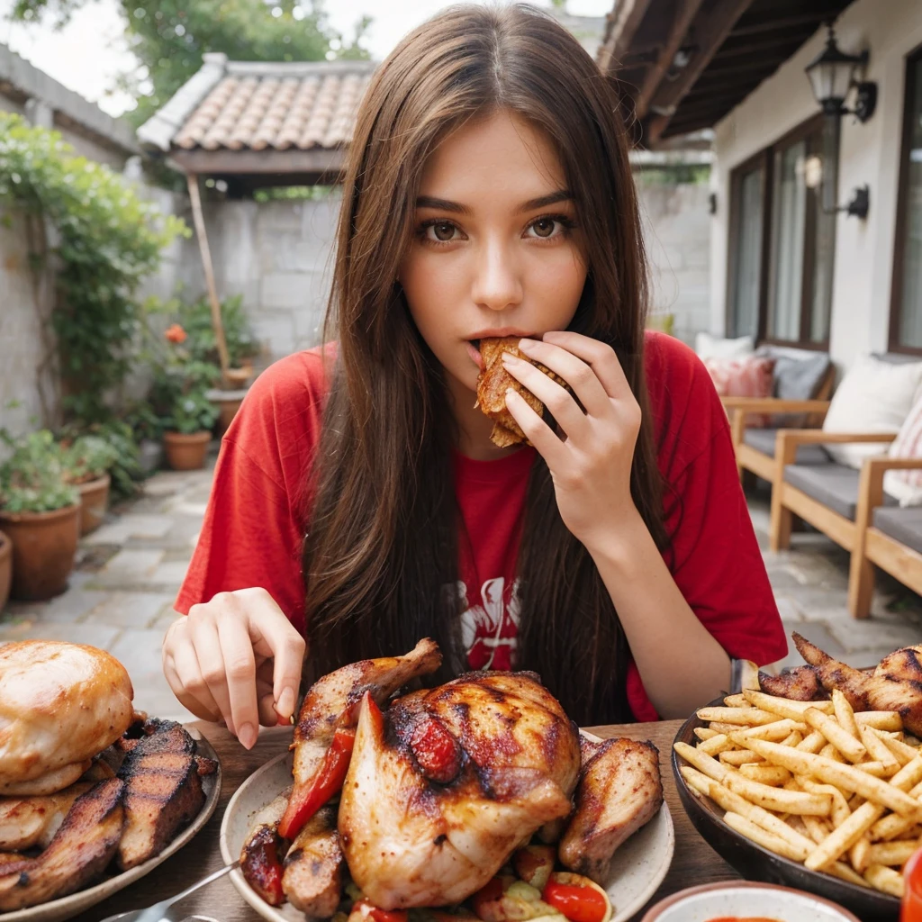 real potrait, Longshot, a woman with long hair wearing a red t-shirt, is eating food, live scene, in front of him there was a lot of food from grilled meat and grilled chicken, his mouth was eating food, The left hand holds the chicken thigh and the right hand the chicken thigh, a courtyard garden is the background, there is a gazebo behind it, daytime atmosphere, intricate details
