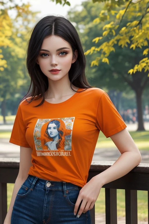 ((best quality)), ((masterpiece)), (detailed), Beautiful black haired russian woman, wearing so short sleeves orange printed t-shirt and blue long jeans , in park