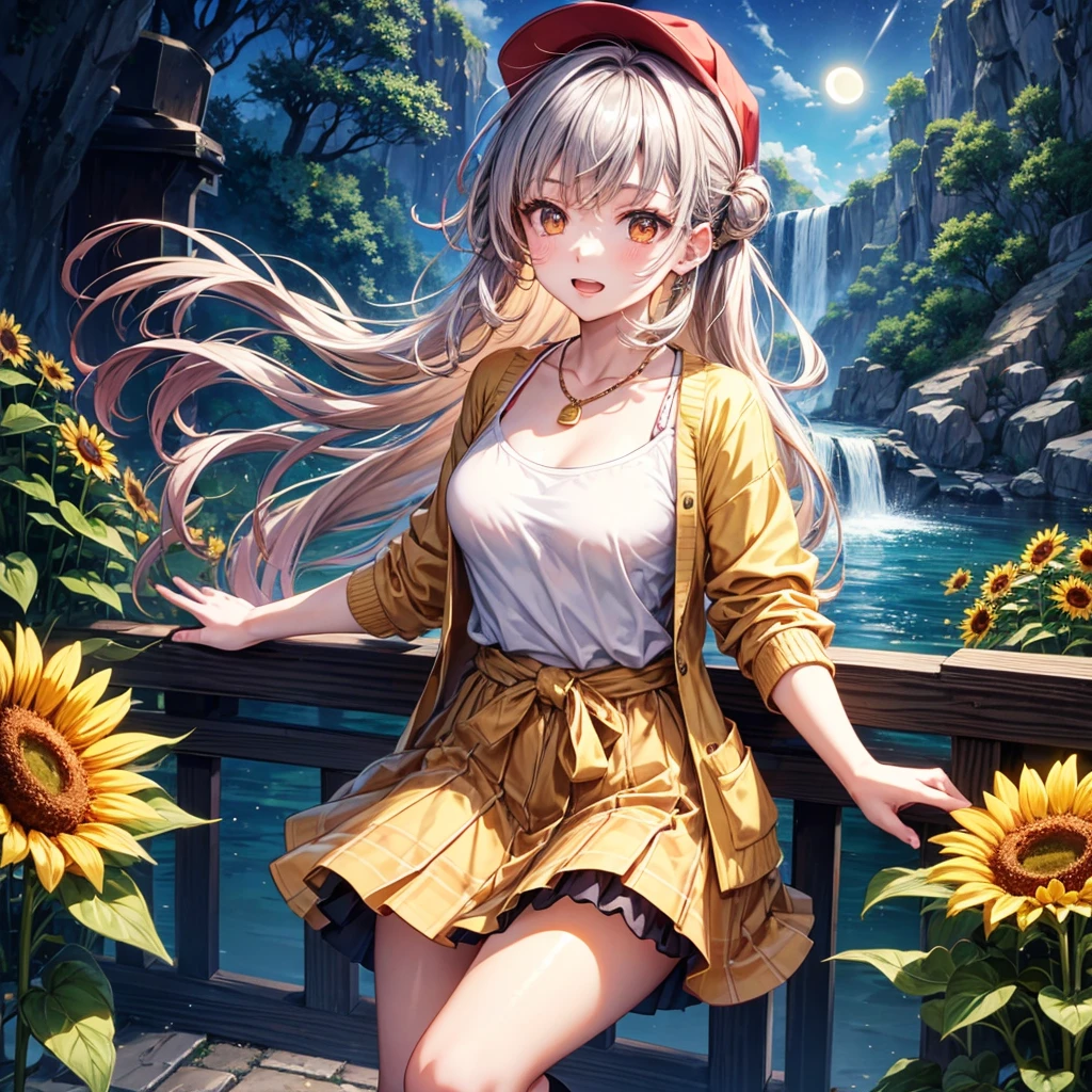 Red, brown, gold, gold hair、Golden Eyes、Hair tied up、One good looking girl、solo、anime、Checkered mini skirt、Ruffles on the skirt、camisole、Lightweight cardigan、school uniform、Black knee-high socks、Wearing a baseball cap、Ribbon、Ribbon on waist、Teeth are visible、Silver coin necklace、From above、Sunflower Tunnel、Cobblestones、waterfall、Have sunflowers、Starry Sky、Midnight Moon、Winding Road、Unlocking、suspension bridge、Soap bubbles are flying、mosquito
