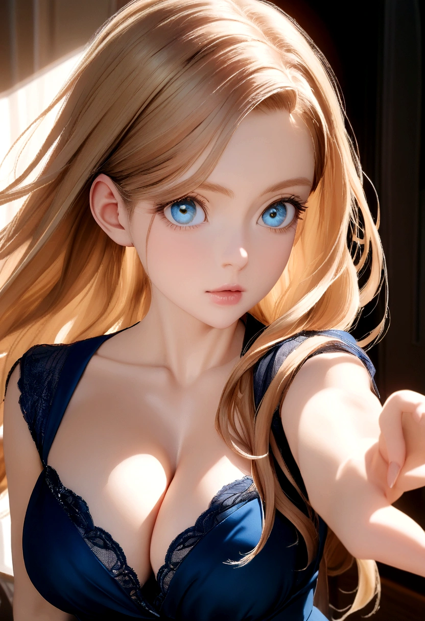 close up photo of 27 years old Amy Adams, swooping breasts, deep cleavage, look at camera, blue dress, American blonde hair, 8K, UHD