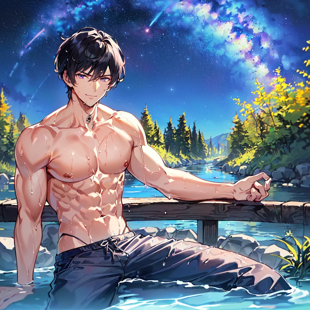 masterpiece,best quality,high quality,extremely detailed,(male austere handsome one solo adult age 30 years old:1.5),(purple eyes, cool with suspended eyes), body strong and fearless 8.5 head tall and 185cm tall,(well-groomed black hair short hair to neck:1.4), (bangs parted in thirds:1.4), (pectoral and rectus abdominis muscles:1.3), slender nose, facial muscles, (saltwater pants:1.3), (hand on neck:1.3), (scowling smile:1.3), (bathing and wet:1.3), (stylish pose), (seated:1.3), (hair in (background summer river and forest:1.3), (Milky Way Night Sky: 1.3), (upper body:1.3)