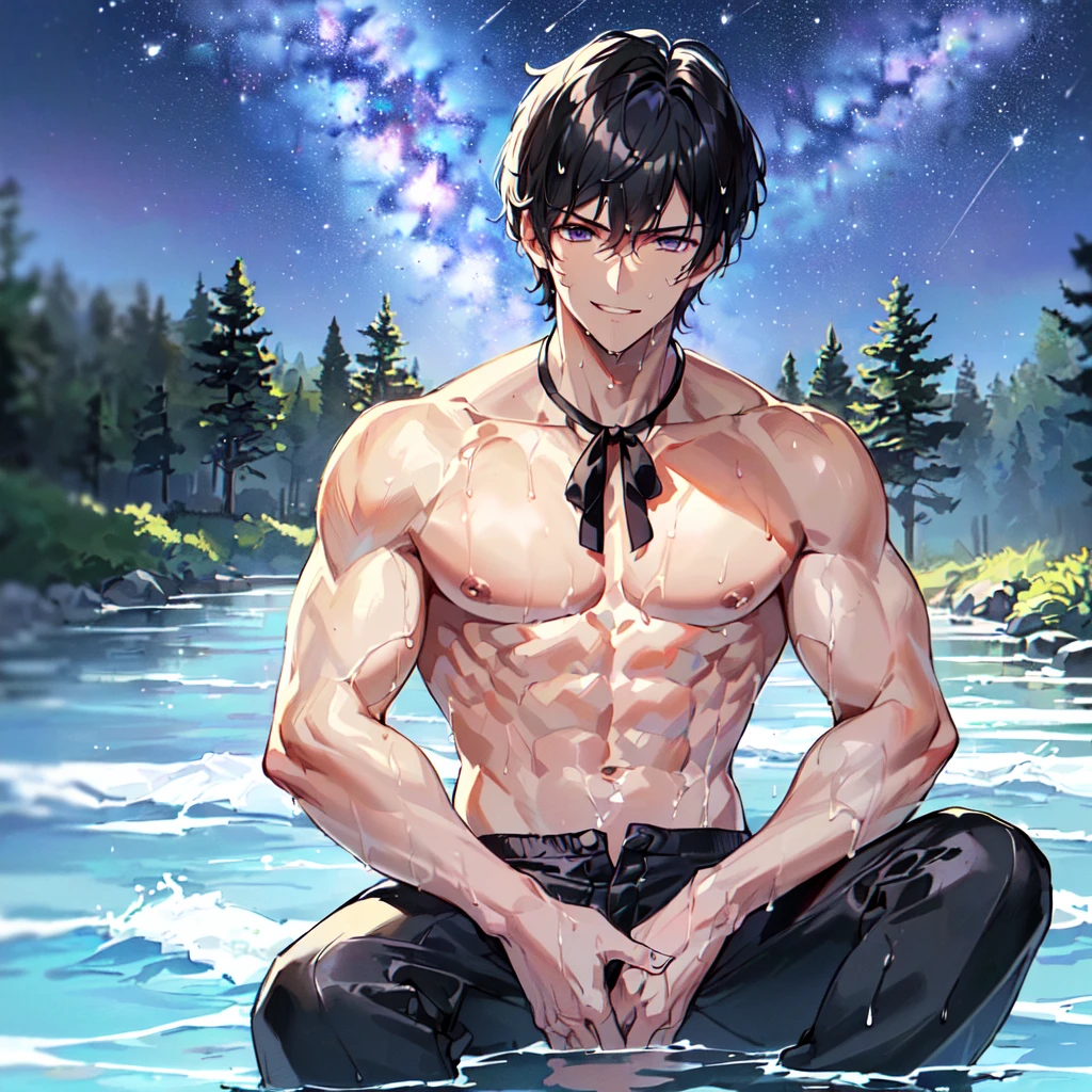 masterpiece,best quality,high quality,extremely detailed,(male austere handsome one solo adult age 30 years old:1.5),(purple eyes, cool with suspended eyes), body strong and fearless 8.5 head tall and 185cm tall,(well-groomed black hair short hair to neck:1.4), (bangs parted in thirds:1.4), (pectoral and rectus abdominis muscles:1.3), slender nose, facial muscles, (saltwater pants:1.3), (hand on neck:1.3), (scowling smile:1.3), (bathing and wet:1.3), (stylish pose), (seated:1.3), (hair in (background summer river and forest:1.3), (Milky Way Night Sky: 1.3), (upper body:1.3)