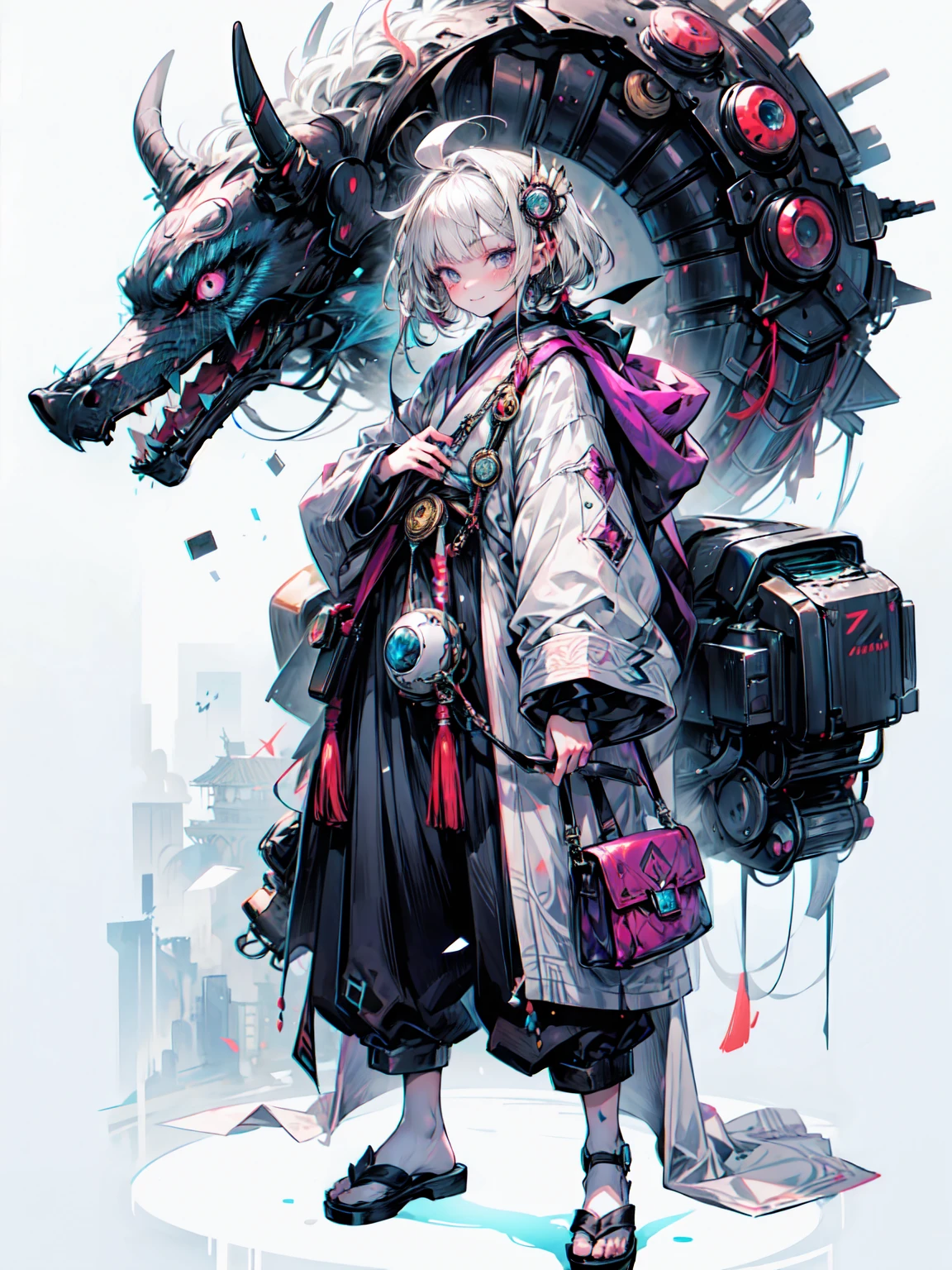 Anime style girl, Dressed in traditional costume of the Japan、A samurai carrying a sword on his back, Standing against a white space. She has short hair, Wear a skirt over long pants, Light grey shirt, black tights, Brown shoes, Put the bag on your shoulder, Cute face, Manga Character Design, Full body portrait, Simple flat color background. Blake、（Dark Elf), (1 Girl), alone, Perfect Face, Get used to it, Ahoge, ((Long Hair:1.2)),[[Messy Hair]], Shiny blonde white hair, Purple eyes, Variegated eyes, Colorful Hair, Shining Eyes, (eyelash, eye shadow, pink eye shadow), bright, smile, Design Art：haruhiko mikimoto, by Kawashi, By Yoshitaka Amano