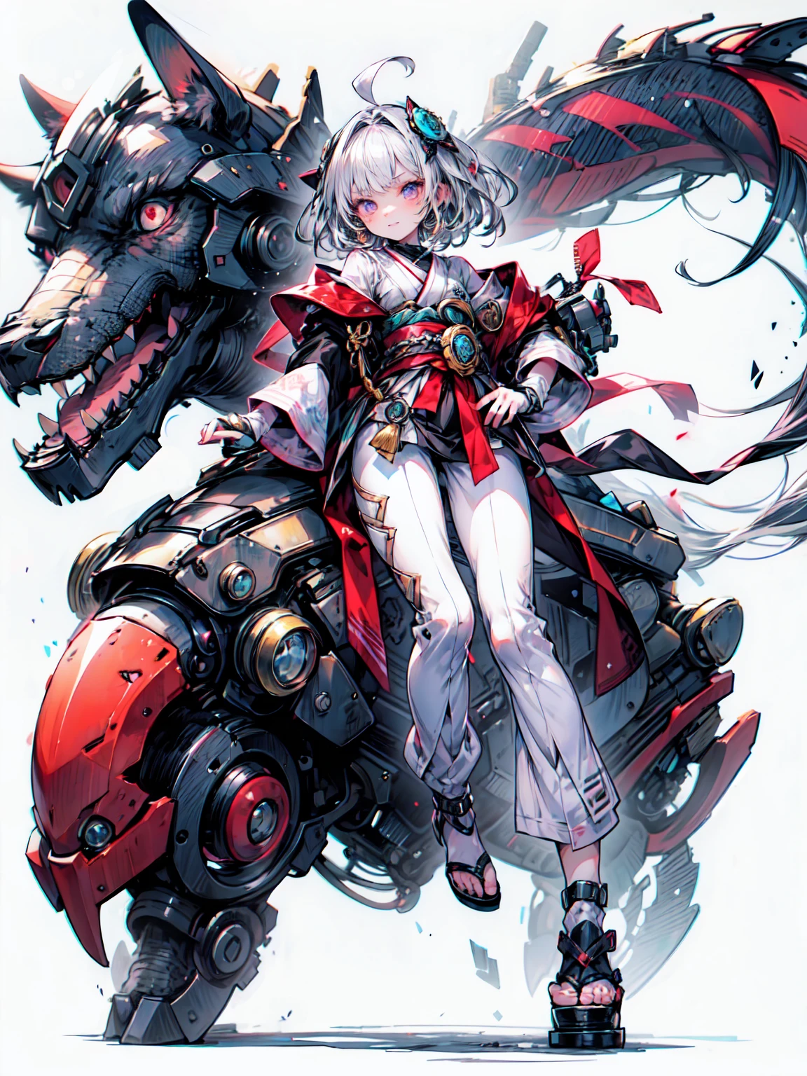 Anime style girl, Dressed in traditional costume of the Japan、A samurai carrying a sword on his back, Standing against a white space. She has short hair, Wear a skirt over long pants, Light grey shirt, black tights, Brown shoes, Put the bag on your shoulder, Cute face, Manga Character Design, Full body portrait, Simple flat color background. Blake、（Dark Elf), (1 Girl), alone, Perfect Face, Get used to it, Ahoge, ((Long Hair:1.2)),[[Messy Hair]], Shiny blonde white hair, Purple eyes, Variegated eyes, Colorful Hair, Shining Eyes, (eyelash, eye shadow, pink eye shadow), bright, smile, Design Art：haruhiko mikimoto, by Kawashi, By Yoshitaka Amano