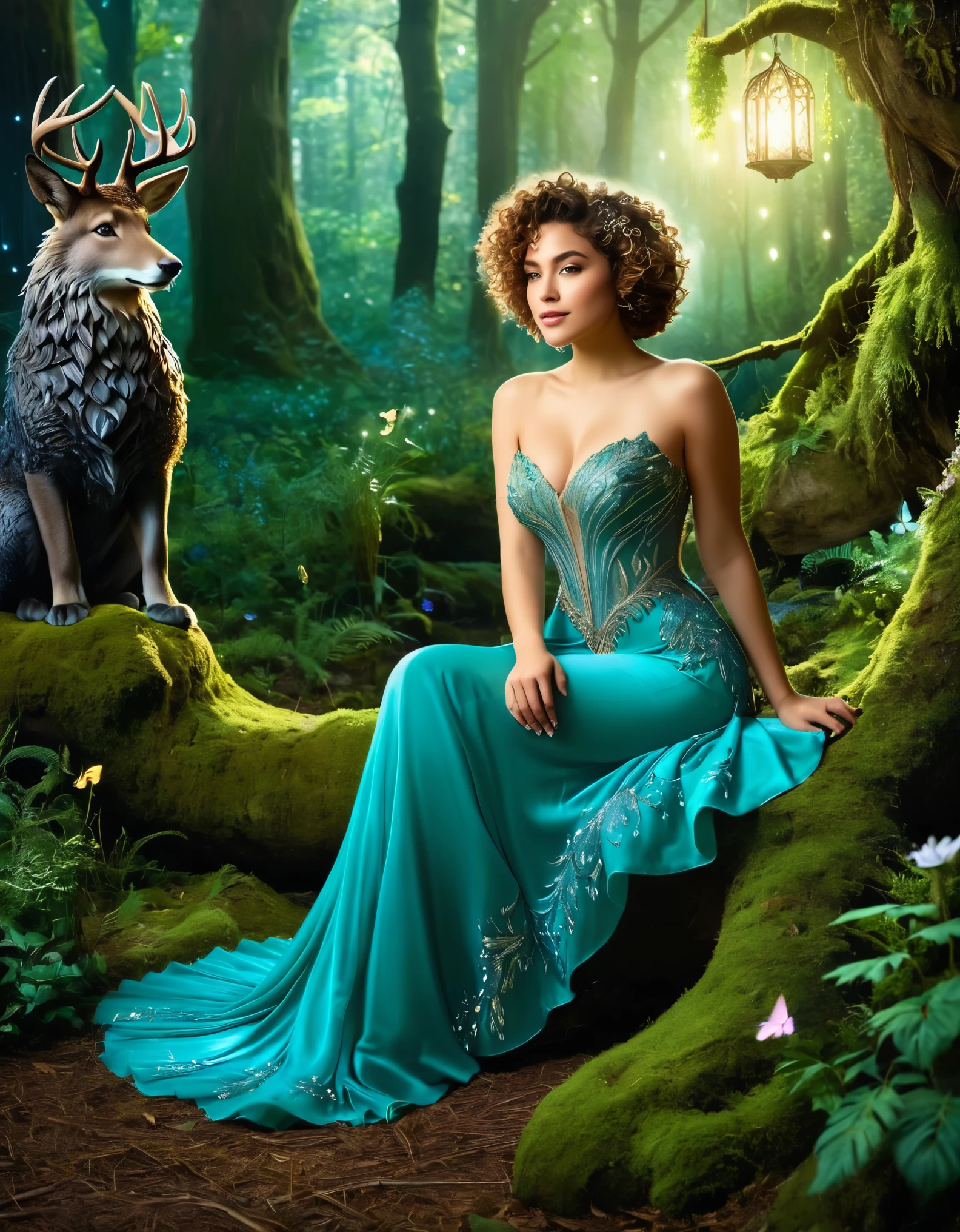 A woman with short curly hair, dressed in a flowing fantasy gown, sitting in an enchanted forest with magical creatures and glowing flora.