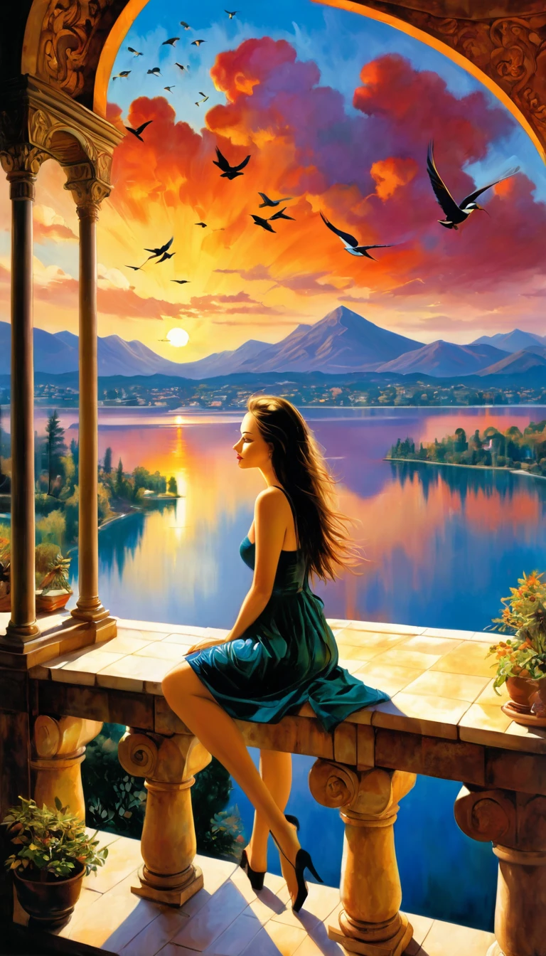 large open terrace overlooking a beautiful lake with dream houses, a sexy girl relaxes on the terrace, landscape, clouds, birds, sunset (art inspired by Bill Sienkiewicz). oil painting) (best quality,4k,8k,highres,masterpiece:1.2),ultra-detailed,(realistic,photorealistic,photo-realistic:1.37),intricate details,vivid colors,sharp focus,professional,Dave McKean artwork, oil touch of surrealism,oil painting style