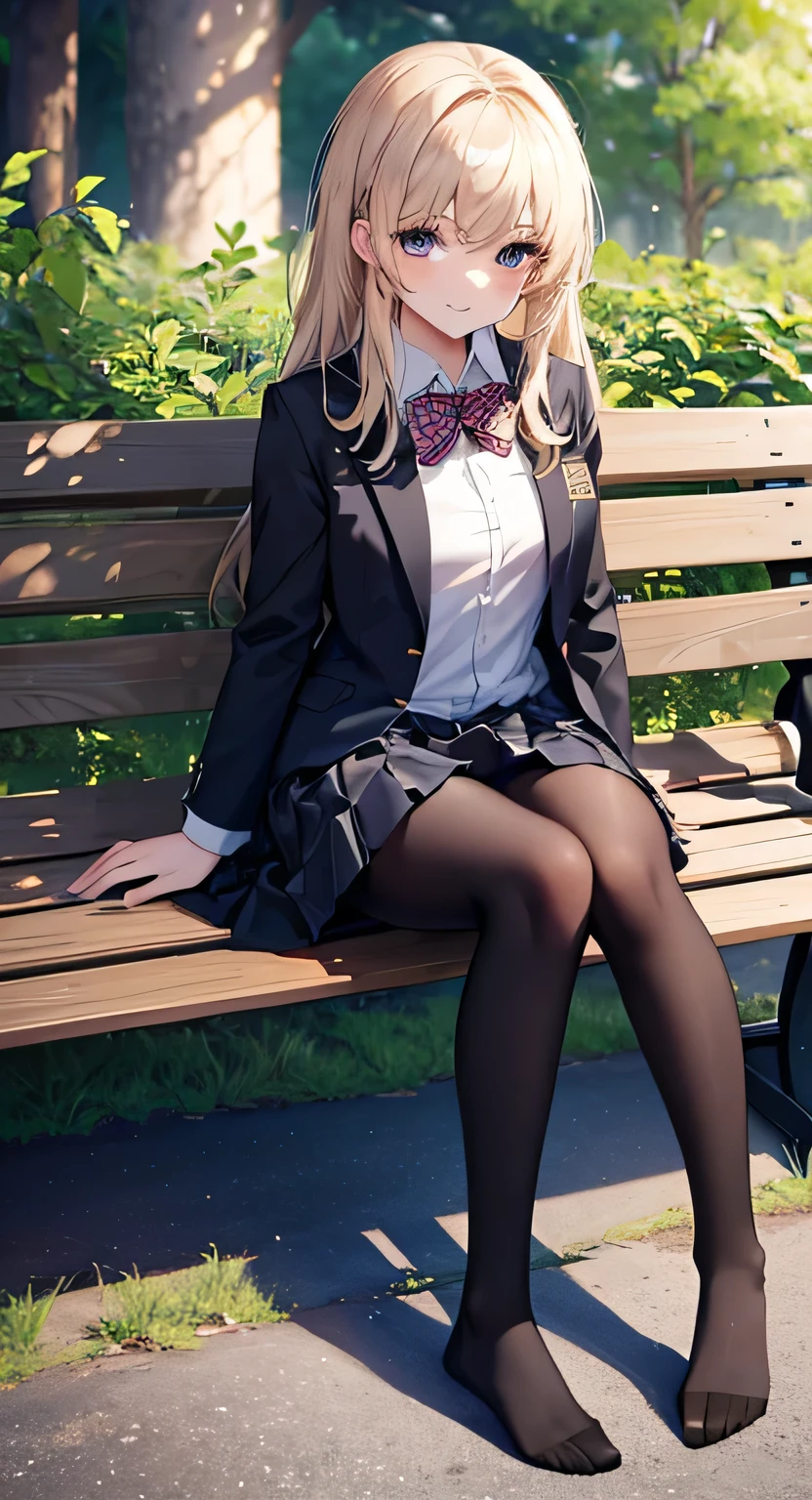 high quality, masterpiece, High resolution, (Head to Toe full body), front, frontComposition from slightly below, Symmetric, Tall 18 year old girl, alone, (Head to Toe), (Small breasts), (black tights), (Black Pantyhose), (Sit with your legs apart), (Crouching pose), ( (Sit on a bench with your legs spread), (M-shaped feet), Thin legs, Very beautiful tall 18 year old girl, smile、 Looking into the camera, blazer uniform, Checkered Pleated Skirt