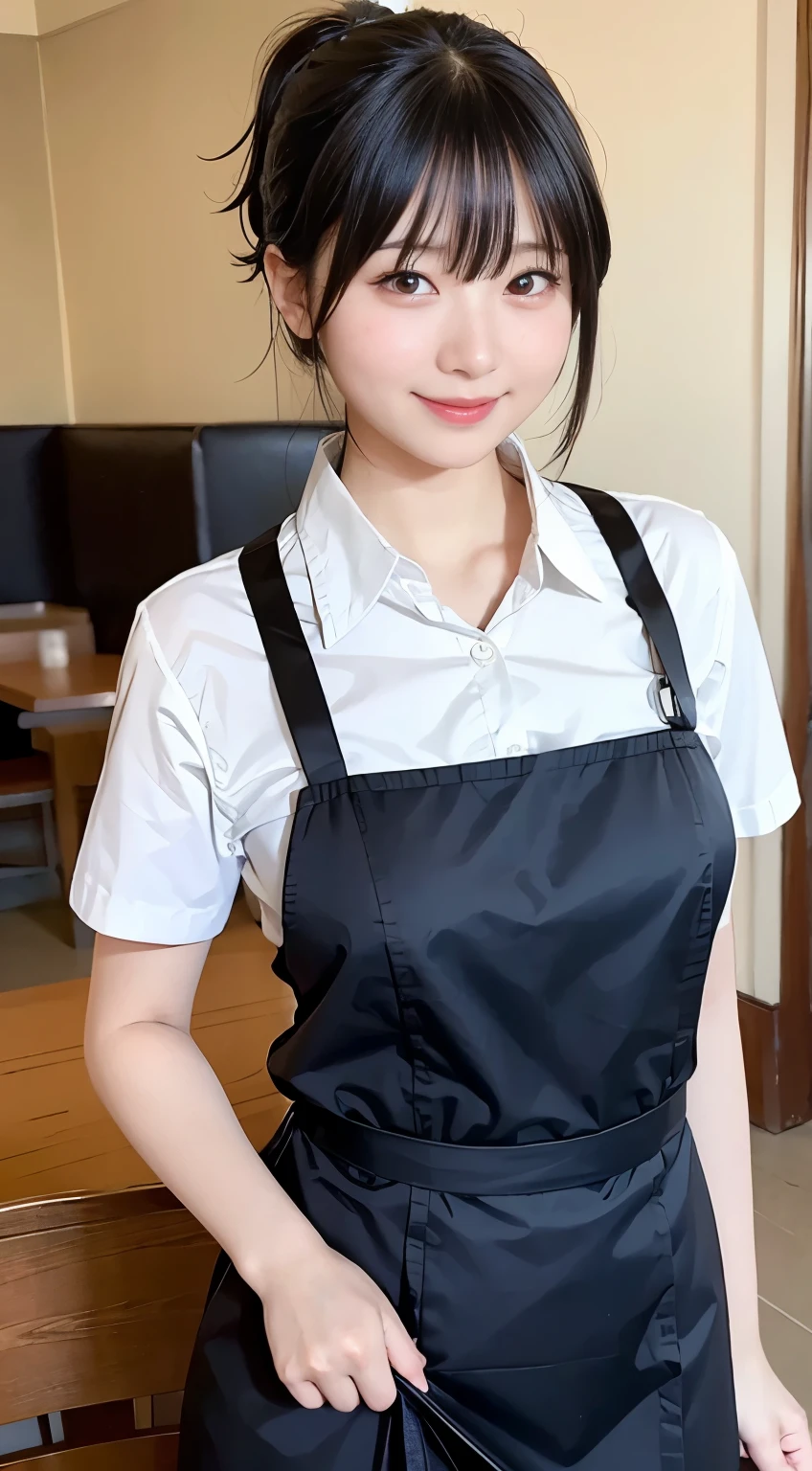 (Highest quality,masterpiece:1.3,Ultra-high resolution,),(Very detailed,Caustics),(Realistic:1.4,RAW shooting,)Ultra-Realistic Capture,Very detailed,High resolution 16k human skin closeup。 Natural skin texture、,pores、、、、It must be detailed enough to be easily identifiable。 Skin tone is even and healthy looking。 Use natural light and color,restaurant,Waitress Uniform,1 girl,Japanese,18-year-old,cute,Black-haired,ponytail,Big Breasts,smile,Turn your body forward,(Front view:1.1),Looking into the camera,Cowboy Shot,