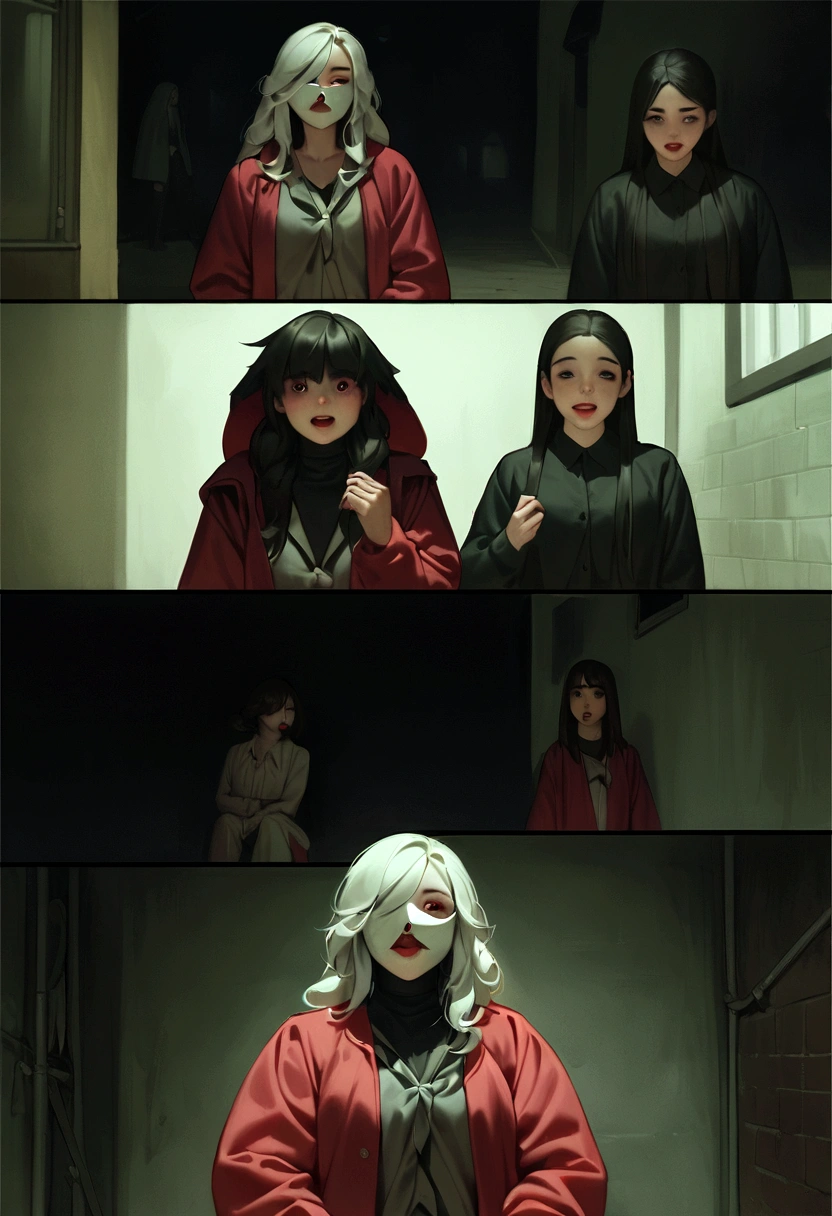 arafed woman with a white mask and a knife in a street, brandon woelfel, urban horror aesthetic, slasher smile, iu lee ji-eun as a super villain, horror dramatic moment, horror movie aesthetic, still from a live action movie, scene from live action movie, in an alleyway during the purge, still from the movie saw