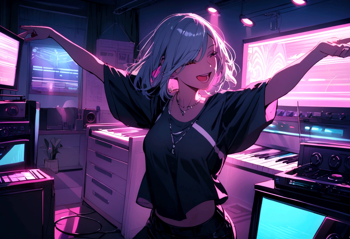 a beautiful woman in modern clothes dances in her room to the sound of electronic dance music