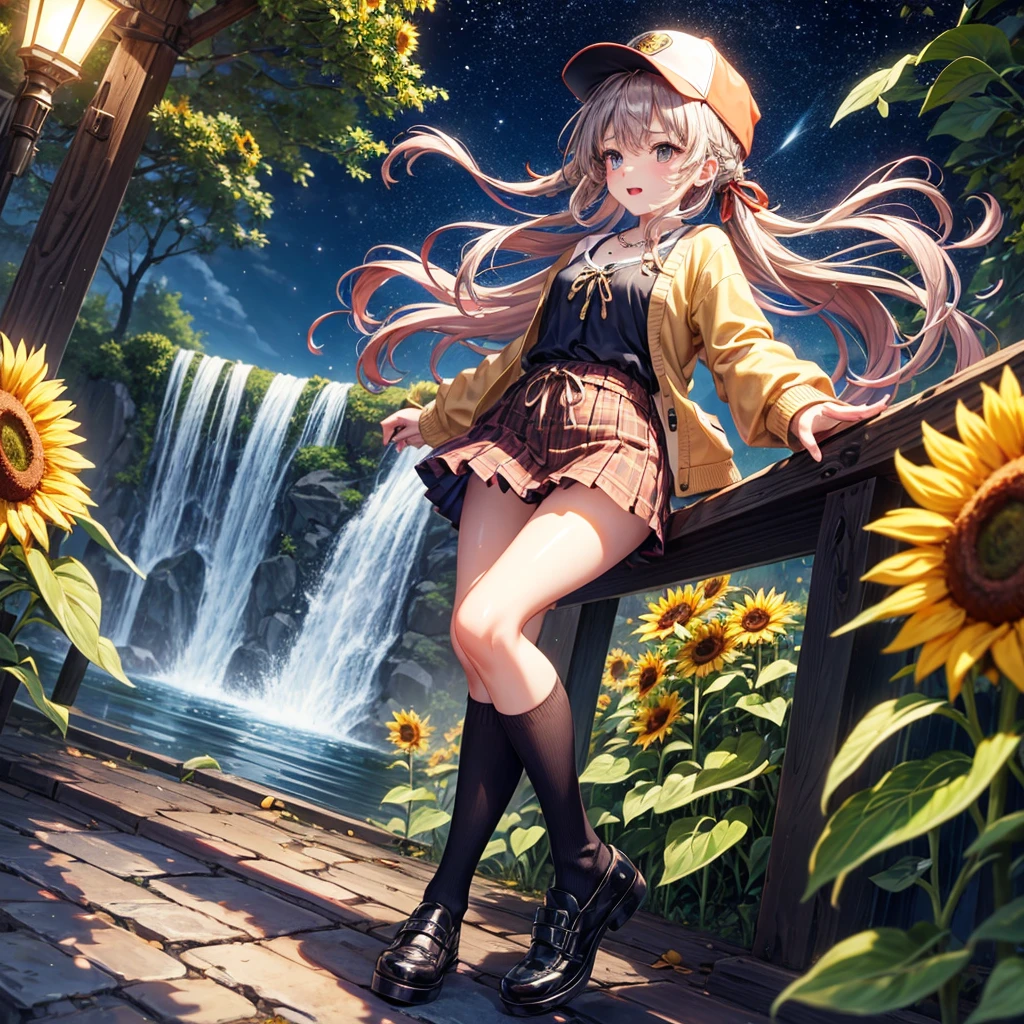 Red, brown, gold, gold hair、Golden Eyes、Hair tied up、One good looking girl、solo、anime、Checkered mini skirt、Ruffles on the skirt、camisole、Lightweight cardigan、school uniform、Black knee-high socks、Wearing a baseball cap、Ribbon、Ribbon on waist、Teeth are visible、Silver coin necklace、From above、Sunflower Tunnel、Cobblestones、waterfall、Have sunflowers、Starry Sky、Midnight Moon、Winding Road、Unlocking、suspension bridge、Soap bubbles are flying、mosquito