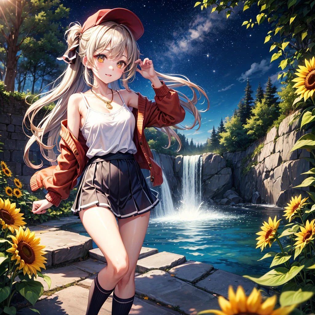 Red, brown, gold, gold hair、Golden Eyes、Hair tied up、One good looking girl、solo、anime、Checkered mini skirt、Ruffles on the skirt、camisole、Lightweight cardigan、school uniform、Black knee-high socks、Wearing a baseball cap、Ribbon、Ribbon on waist、Teeth are visible、Silver coin necklace、From above、Sunflower Tunnel、Cobblestones、waterfall、Have sunflowers、Starry Sky、Midnight Moon、Winding Road、Unlocking、suspension bridge、Soap bubbles are flying、mosquito