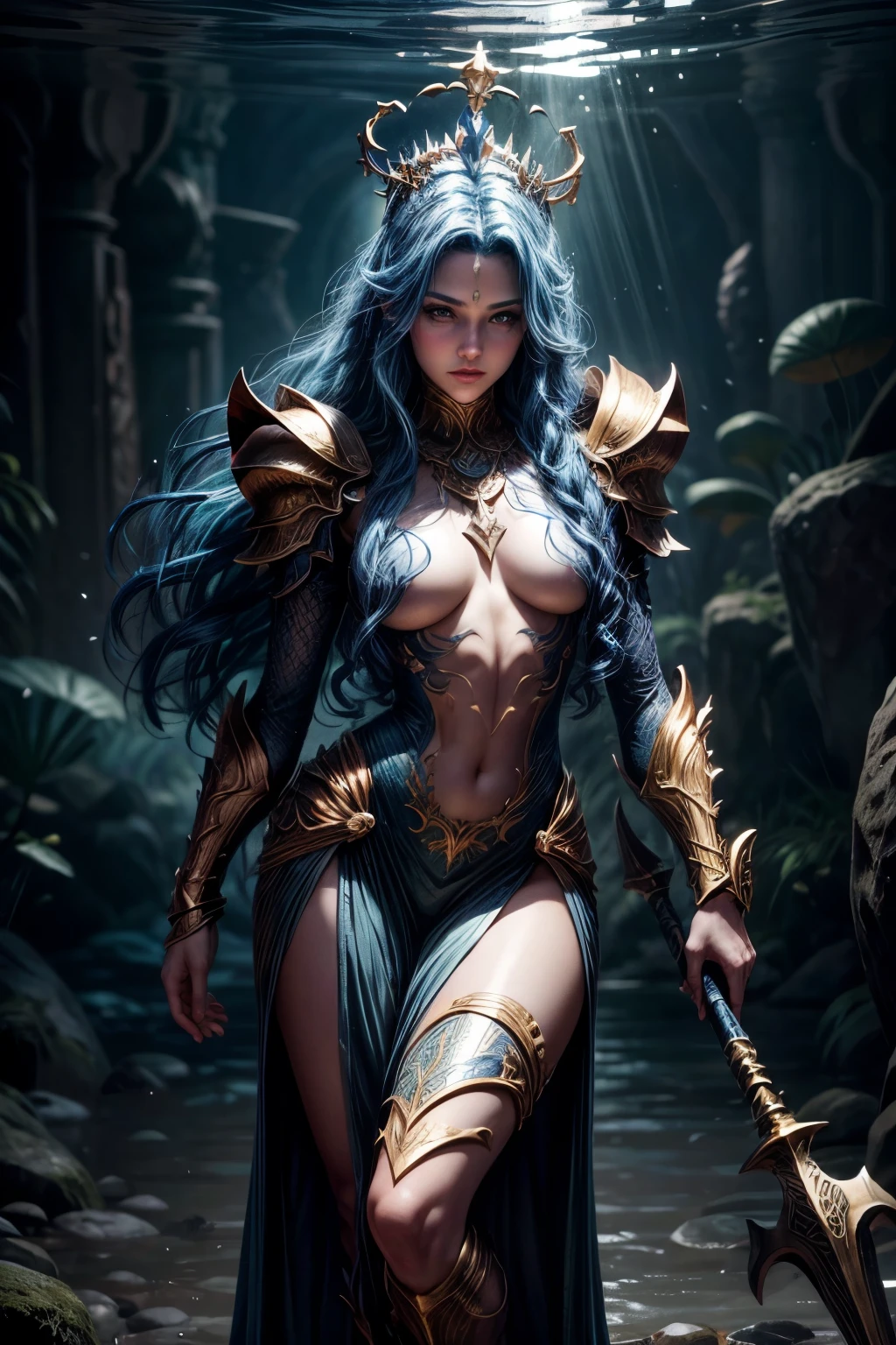 A beautiful mermaid woman, triton, fish-like humanoid, webbed hands and feet, fish fins on her Legs, blue skin, holy knight, dragon and dungeon, storm, coral, seaweed, full body armor, standing; (best quality,8K,highres,masterpiece:1.2),ultra-detailed,(realistic,photorealistic,photo-realistic:1.37),physically-based rendering,extreme detail description,professional,vivid colors；Legs; beach ; dark blue hair; coral crown; golden Halberd; best quality(Super masterpiece), (Extremely complex:1.2), (Surreal); Hairstyle；focus on face; gill