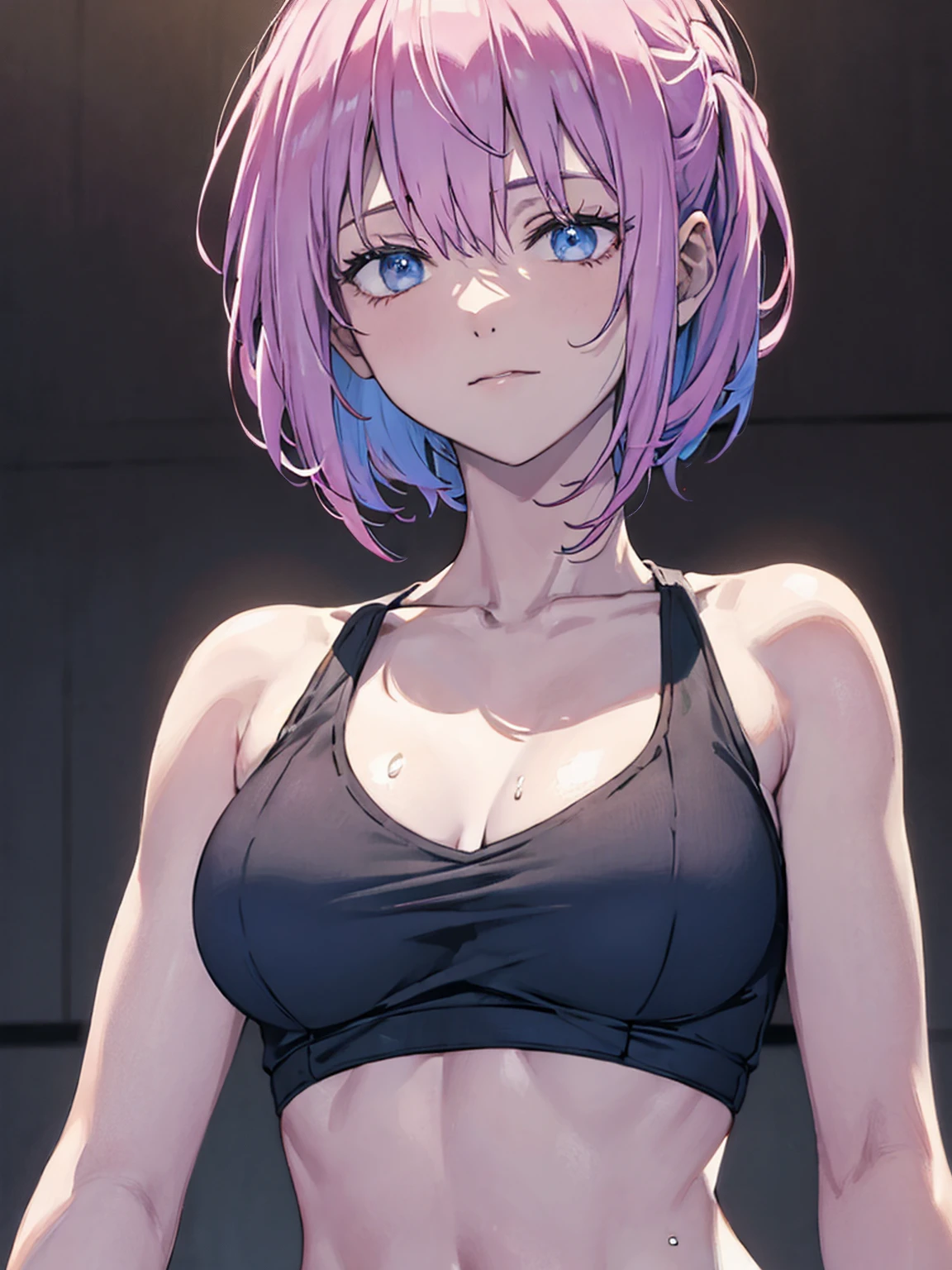 （Sweat, White skin:1.5、Grey sports bra）Surreal Japanese Portraits,, Ron Mueck, Richard Estes, Marilyn Minter、Purple and blue gradation eyes enveloped in the mystery of the universe,、Perfect lighting, (Perfect hands, Perfect Anatomy)、whole body（1:2）、(White skin:1.5、Muscular arms)、Excellent style,Complete body balance、Dynamic Acid Pose（1:2）、（16:Specializing in aspect ratio 9）、Plump body
