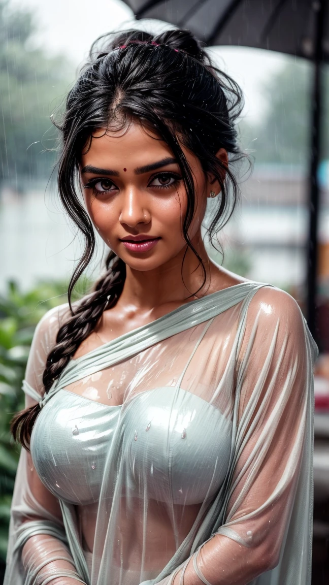 A masterpiece! A stunning Indian girl, her disheveled hair a testament to the torrential rain that surrounds her. Beautiful, detailed eyes sparkle with joy as she gazes directly at the viewer, her long locks tied back in a neat bun. She wears a casual t-shirt, slightly transparent from the wetness, and her medium-round breasts are subtly visible beneath. In a side pose, she revels in the heavy rain shower, her big cheeks flushed with happiness. The street background is a blurred Bokeh, while raindrops glisten on her skin, capturing the essence of a carefree rainy day.rain drops,paid girl , heavy rain, slightly show half nipple , very sexy (conveying love to boy friend) flowers on head