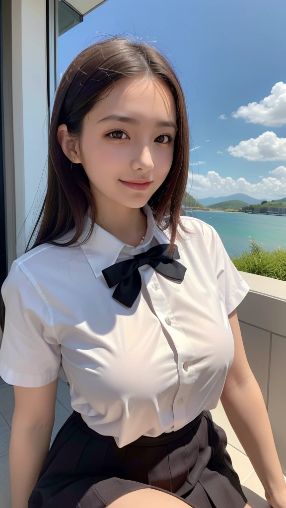 1 girl, (8k, RAW photo, best quality, masterpiece: 1.2), underwear Wet(realistic, photo-realistic: 1.37), ultra-detailed, beautiful, solo, beautiful detailed sky, detailed coffee, night, sitting, (flushed nose), (smile: 1.1), medium breasts, beautiful detailed eyes, long brown hair, (collared shirt: 1.1), bow tie, pleated skirt, (short hair: 1.2), long hair, taking big ice cream,