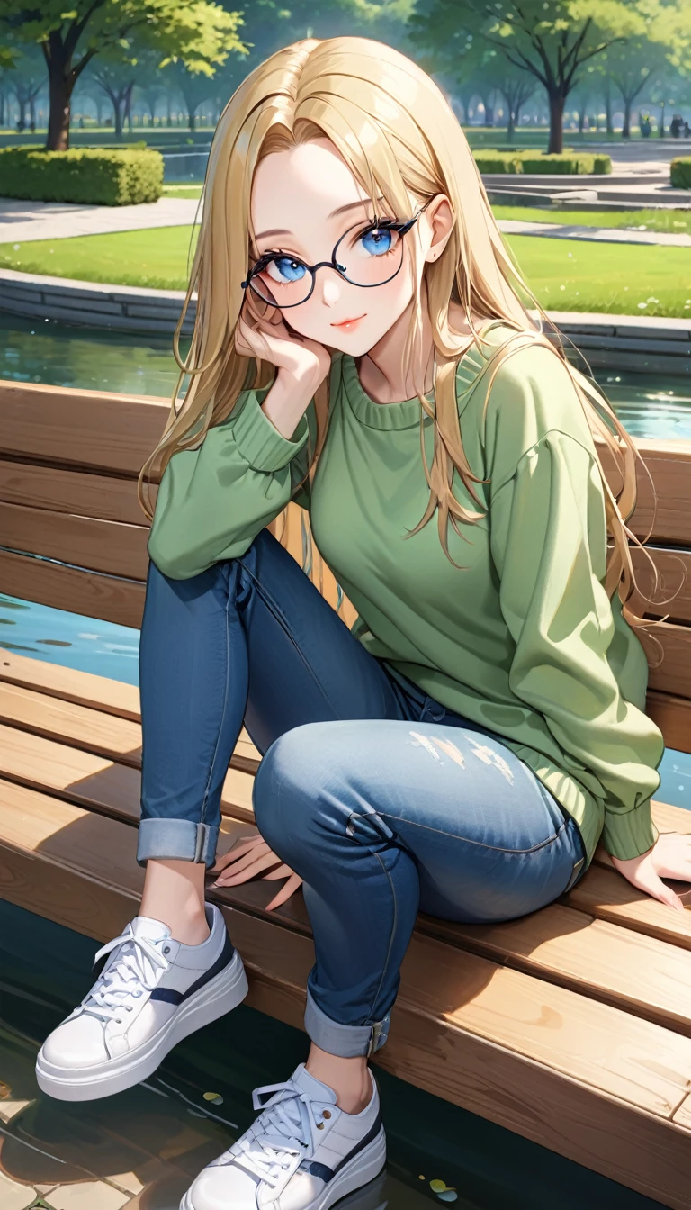 ((best quality, masterpiece:1.3, 8K)), (detailed), highly detailed face and skin texture, detailed eyes, park, pond, bench, full body, seductive pose, sitting, slender body, 1girl, 25 years old, white skin, blue eyes, bright lips, seductive smile, blond hair, straight hair, long hair, (forehead:1.0), blue eyes, reading glasses, green sweater, jeans pants, skinny jeans, blue jeans, white sneakers, 