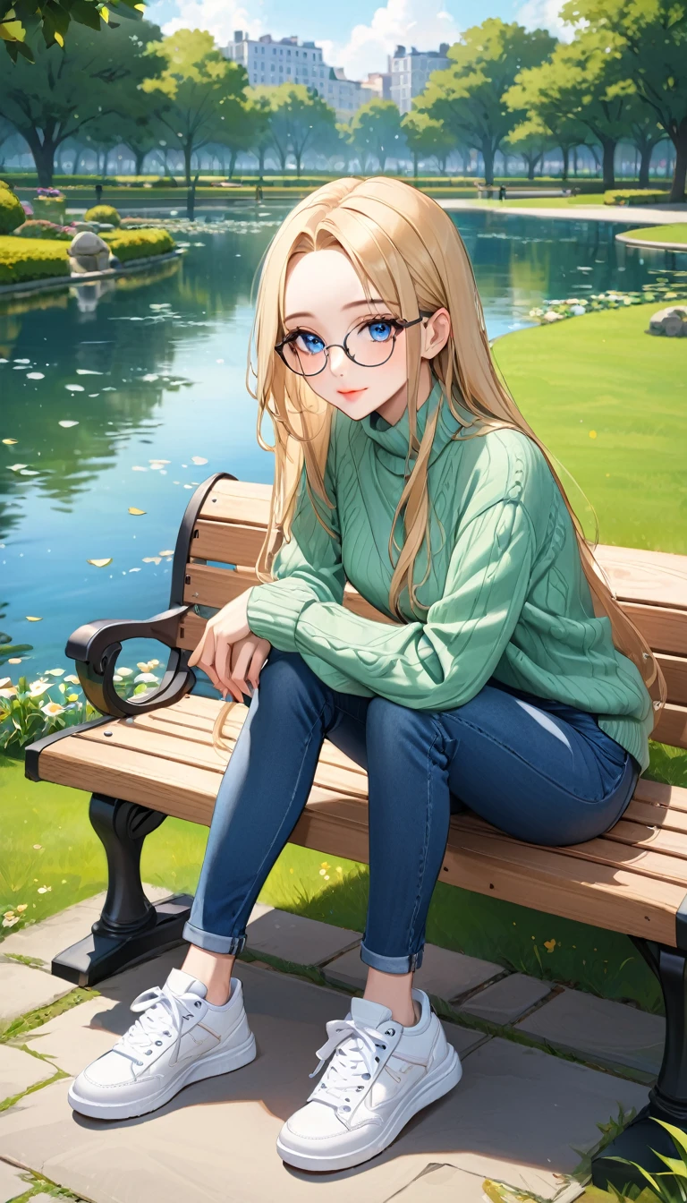 ((best quality, masterpiece:1.3, 8K)), (detailed), highly detailed face and skin texture, detailed eyes, park, pond, bench, full body, seductive pose, sitting, slender body, 1girl, 25 years old, white skin, blue eyes, bright lips, seductive smile, blond hair, straight hair, long hair, (forehead:1.0), blue eyes, reading glasses, green sweater, jeans pants, skinny jeans, blue jeans, white sneakers,