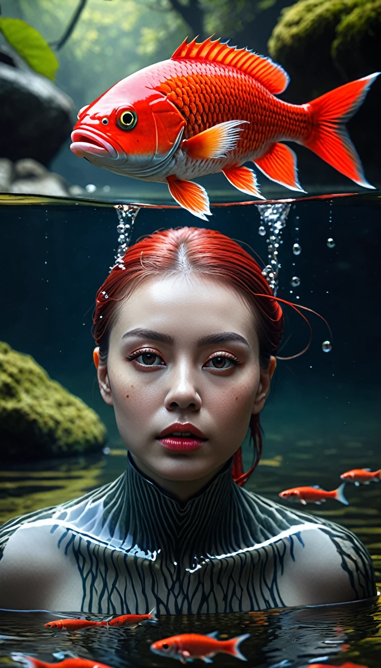 There is a creature in the river that has a human head and a fish body.，The head is a human face，The body is red fish，Mysterious Creatures, shrike, (best quality，4K，8K，High level，masterpiece：1.2），Ultra Detailed，（lifelike，Photo real，Photo real：1.37），Highly detailed animals，Complex patterns，Realistic lighting，Fantasy Creatures