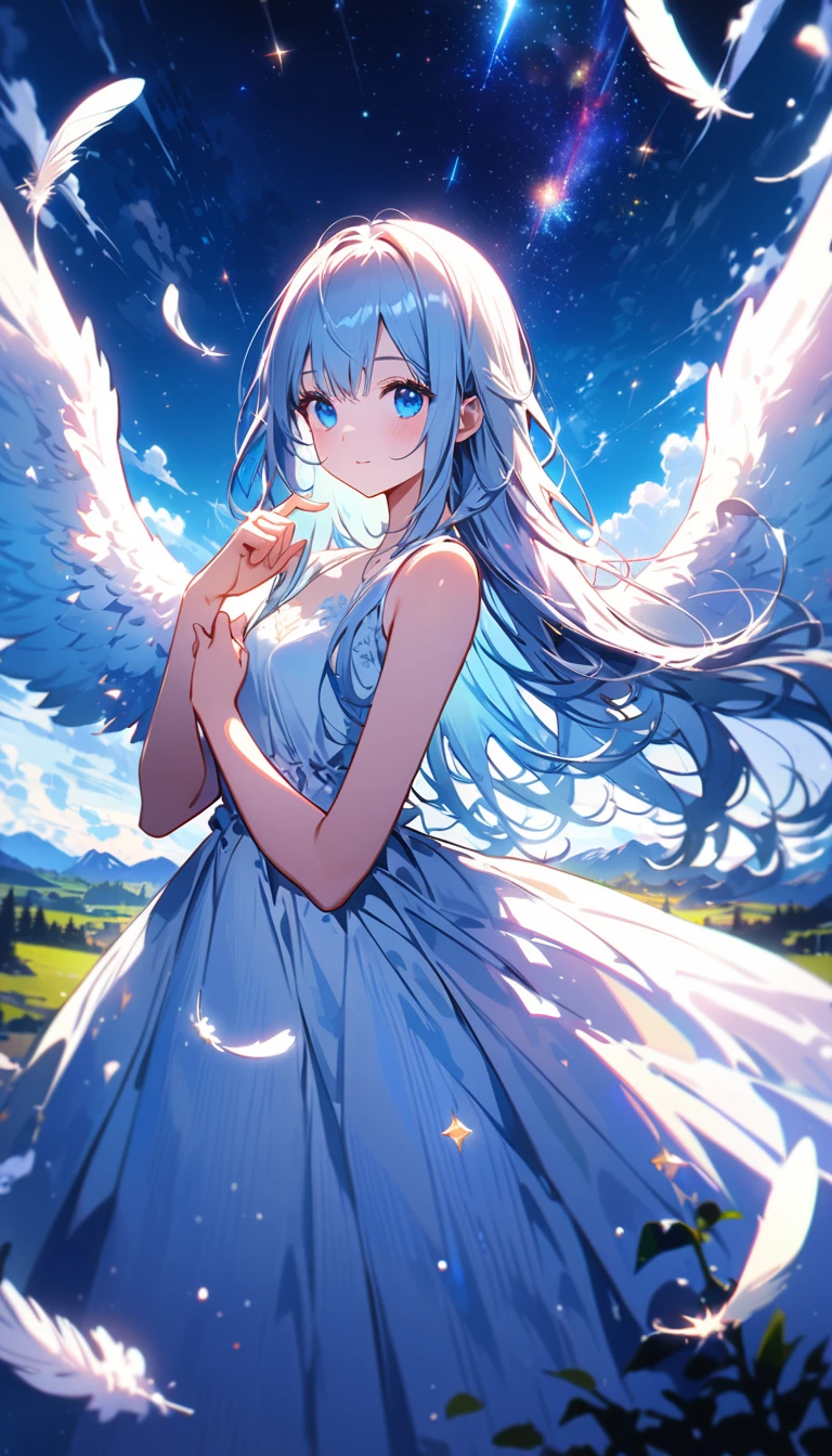 (best quality:1.2),(hands finger 5 digits:1.3),(extremely delicate and beautiful:1.3),(detailed ultra detailed:1.2),(scenery clear details:1.2),(scenery crystal clear :1.2),(solo),(blue eyes),(long white long hair),(white dress),(angel wings),(floating white feathers,starry sky),(clusters of stars,starry sky),(glinting stars),(solo),(long silver long hair),(best quality:1.2),(hands finger 5 digits:1.3),(extremely delicate and beautiful:1.3),(detailed ultra detailed:1.2),(scenery clear details:1.2),