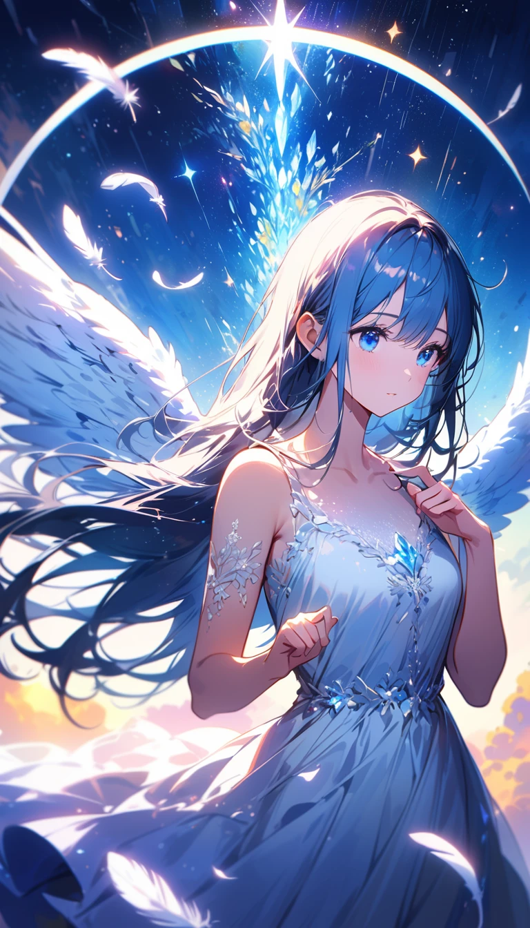 (best quality:1.2),(hands finger 5 digits:1.3),(extremely delicate and beautiful:1.3),(detailed ultra detailed:1.2),(scenery clear details:1.2),(scenery crystal clear :1.2),(solo),(blue eyes),(long white long hair),(white dress),(angel wings),(floating white feathers,starry sky),(clusters of stars,starry sky),(glinting stars),(solo),(long silver long hair),(best quality:1.2),(hands finger 5 digits:1.3),(extremely delicate and beautiful:1.3),(detailed ultra detailed:1.2),(scenery clear details:1.2),