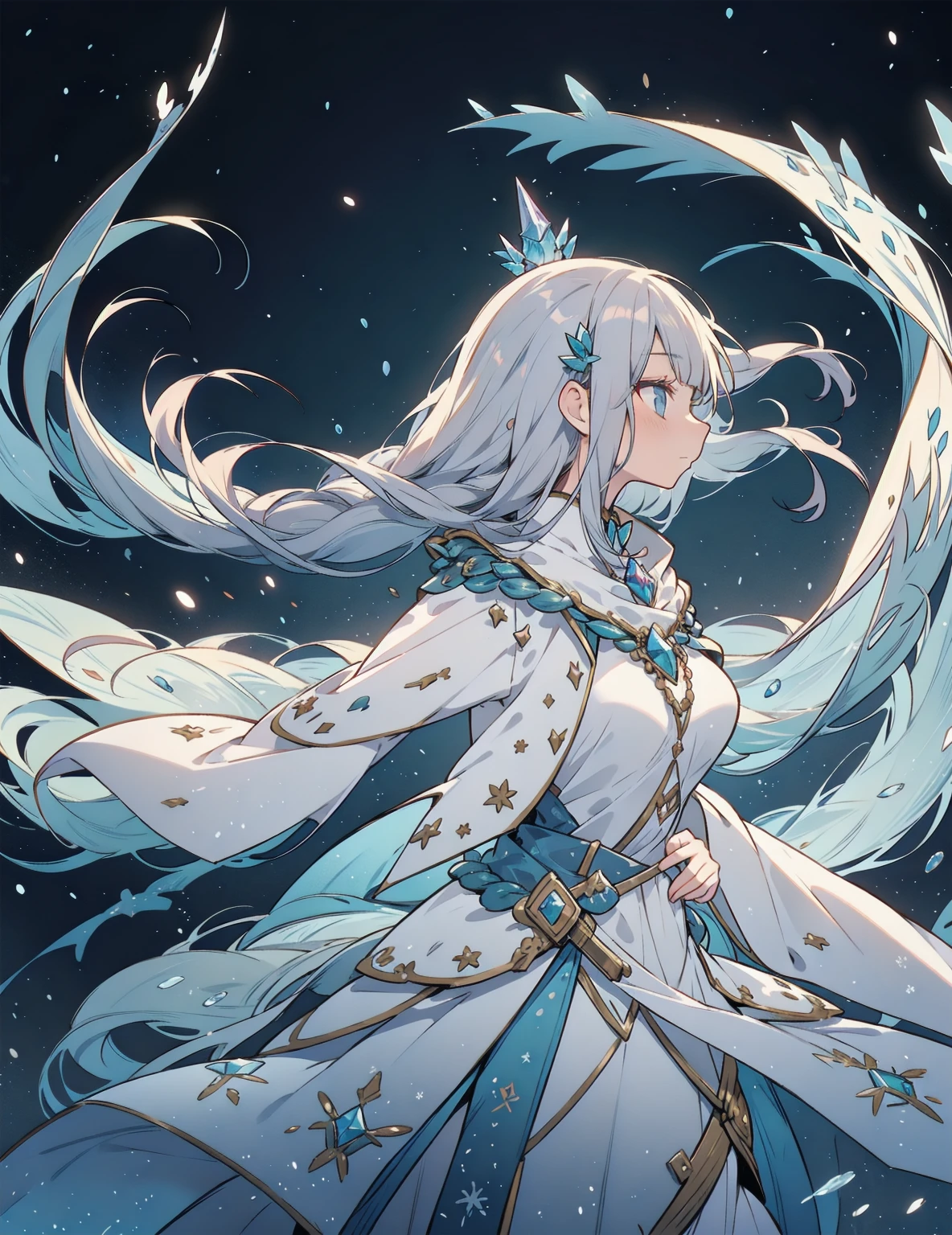 Profile of the sorceress known as the "Frost Witch." She dramatically manipulates the magic of frost, cinematic lighting, soft smile, floating hair, profile, dress, silk, dark sky, frost, ice, cold, winter,