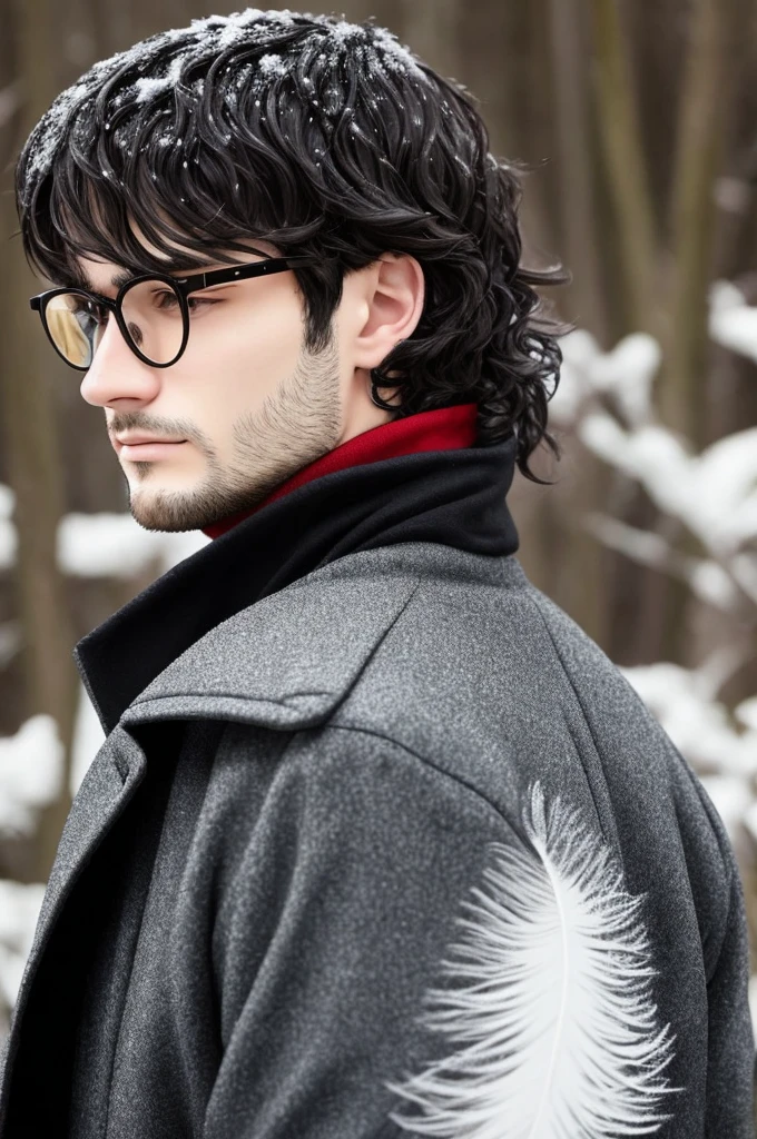 young man with black wavy hair and yellow eyes. He wears thin-rimmed glasses and has a pale, slender face with delicate features., including a straight nose and thin lips. His expression is serious and distant. He is dressed in a black jacket with fine geometric details over a red turtleneck.. He also has a pair of large, black wings with detailed feathers that extend from his back.. snow scenery background.