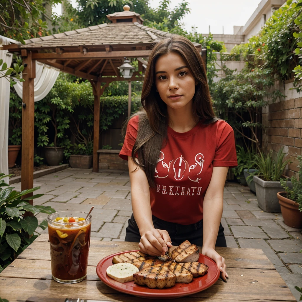 real potrait, Longshot, a woman with long hair wearing a red t-shirt, is eating food, live scene, in front of him there was a lot of food from grilled meat and grilled chicken, his mouth was eating food, The left hand holds the chicken thigh and the right hand the chicken thigh, a courtyard garden is the background, there is a gazebo behind it, daytime atmosphere, intricate details