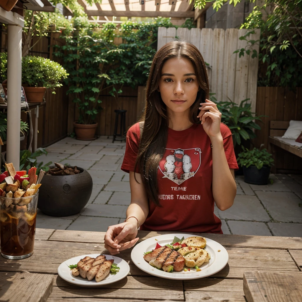 real potrait, Longshot, a woman with long hair wearing a red t-shirt, is eating food, live scene, in front of him there was a lot of food from grilled meat and grilled chicken, his mouth was eating food, The left hand holds the chicken thigh and the right hand the chicken thigh, a courtyard garden is the background, there is a gazebo behind it, daytime atmosphere, intricate details