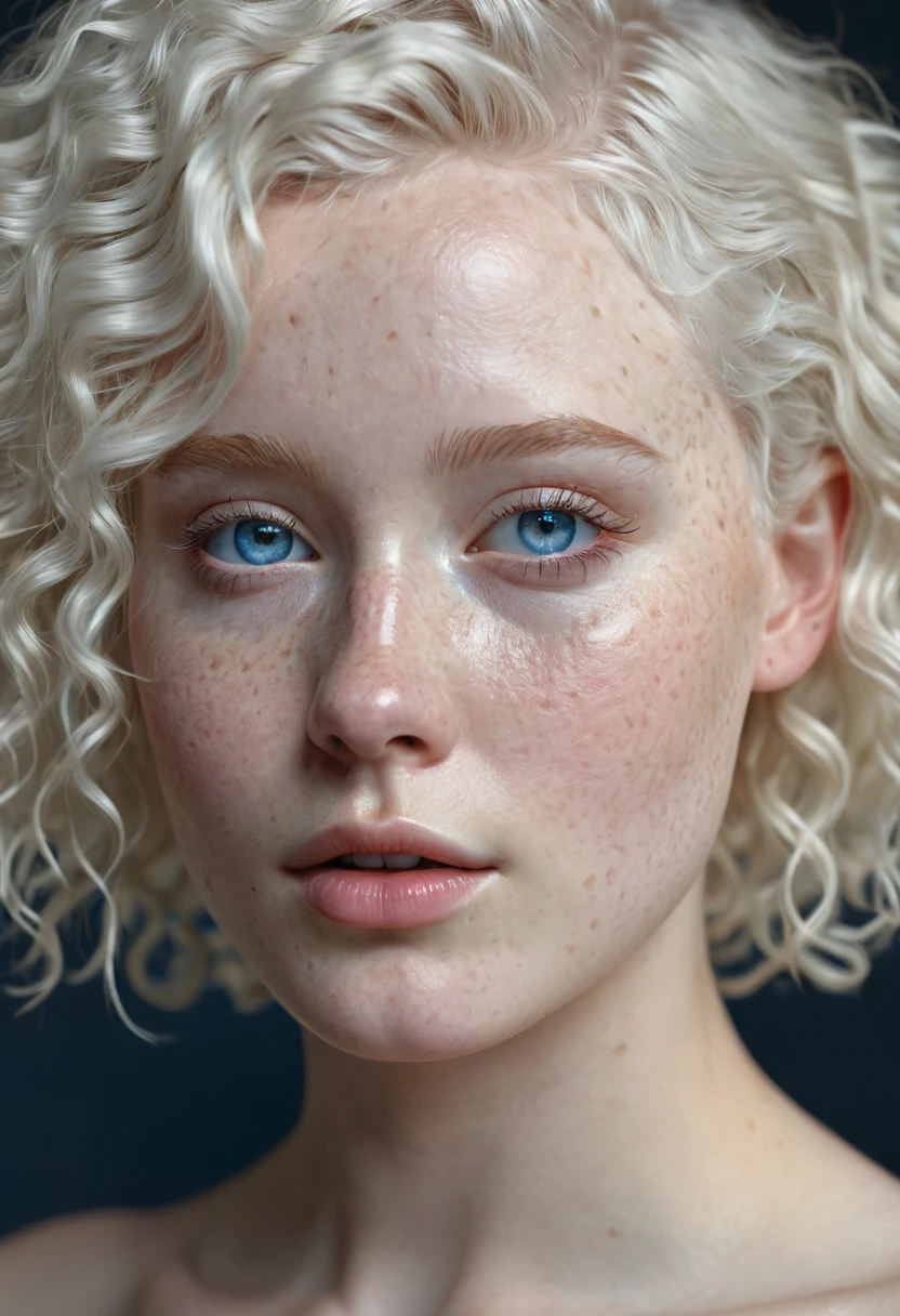 a young albino girl, short curly white hair, freckles, blue eyes, naked, incredibly realistic, 4k, hyper detailed, cinematic lighting, highly detailed skin, beautiful detailed face, beautiful detailed eyes, beautiful detailed lips, extremely detailed facial features, naked, extremely detailed anatomy, flawless skin texture, photorealistic, stunning, elegant, serene, ethereal, soft pastel colors, glowing skin, natural lighting, dramatic lighting, naked