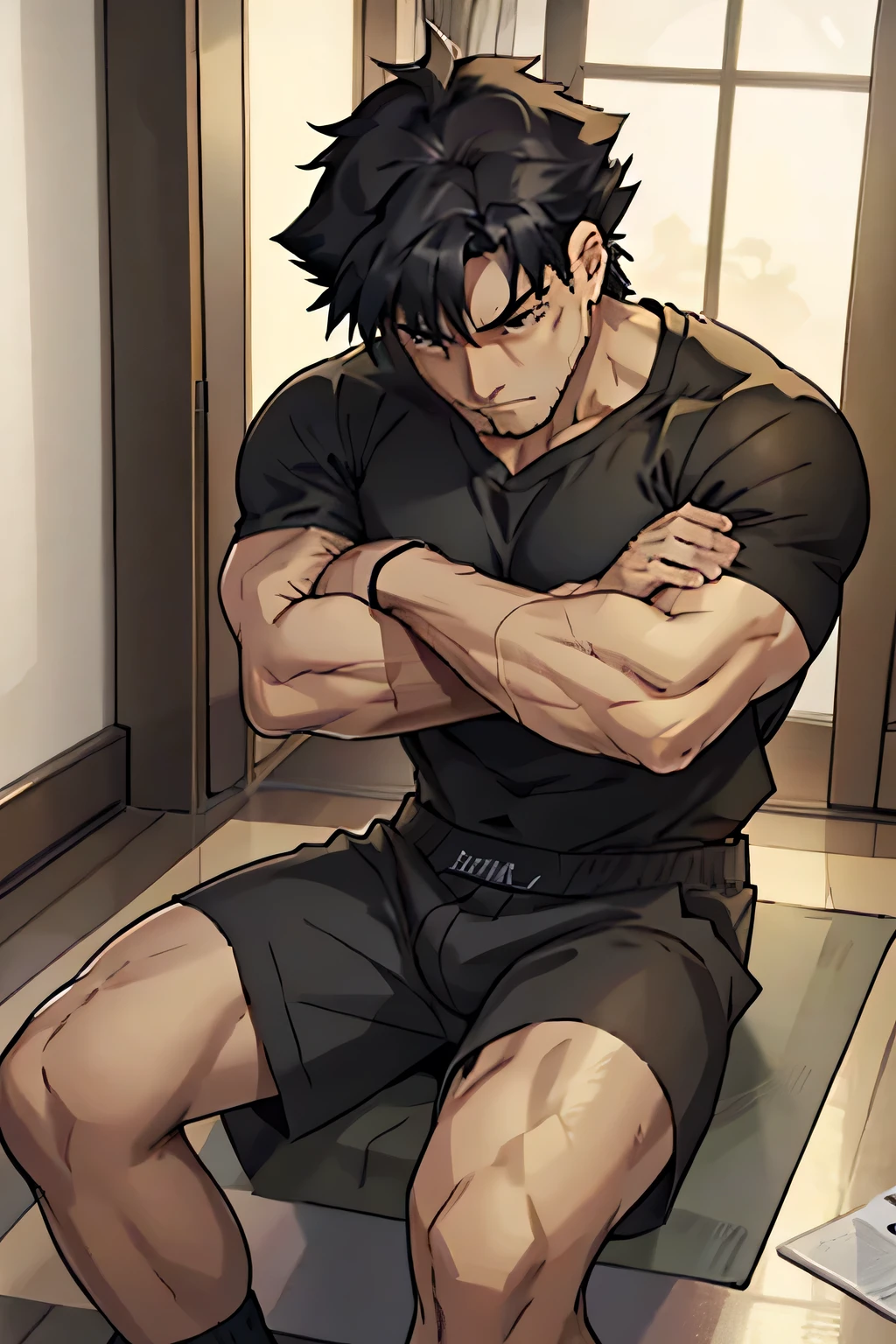 Kiritsugu is sitting and flexing his thighs. He wears black short boxershorts. You can see his thighs completely. He is wearing a black tshirt with short sleeves. His sleeve is rolled up completely, so you can see his entire arm and shoulder. He is admiring his arms. He has a huge bulge. You can see his abs too. His boxershorts are rolled up completely so you can see his entire leg.