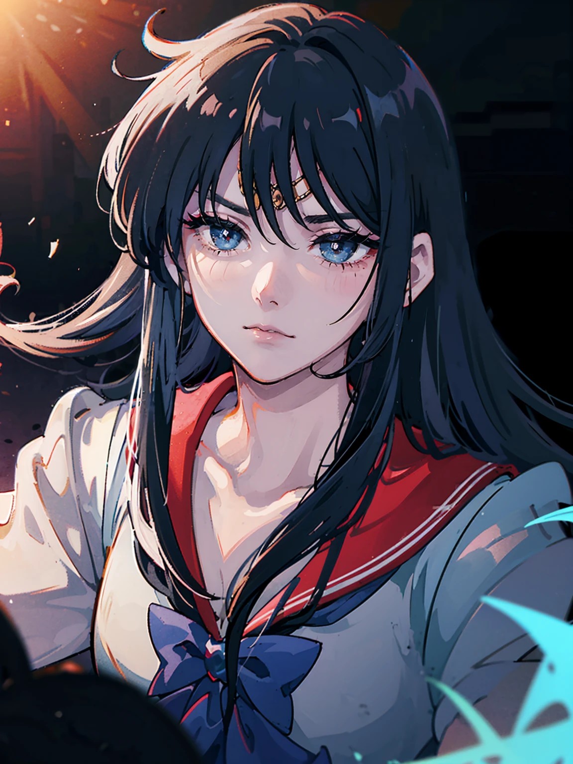 dark, masterpiece, Highest quality, 8K、Sailor Mars Red Collar, (Unhealthy face:1.9, Dark Eyes:1.5, Dark circles under the eyes, Yandere:1.5, Unhappy face, Lifeless face), Long hair in the eyes, Long Bangs, Eyes through the bangs, Big eyes,　Turquoise Eyes, Bust Shot, Dark atmosphere
