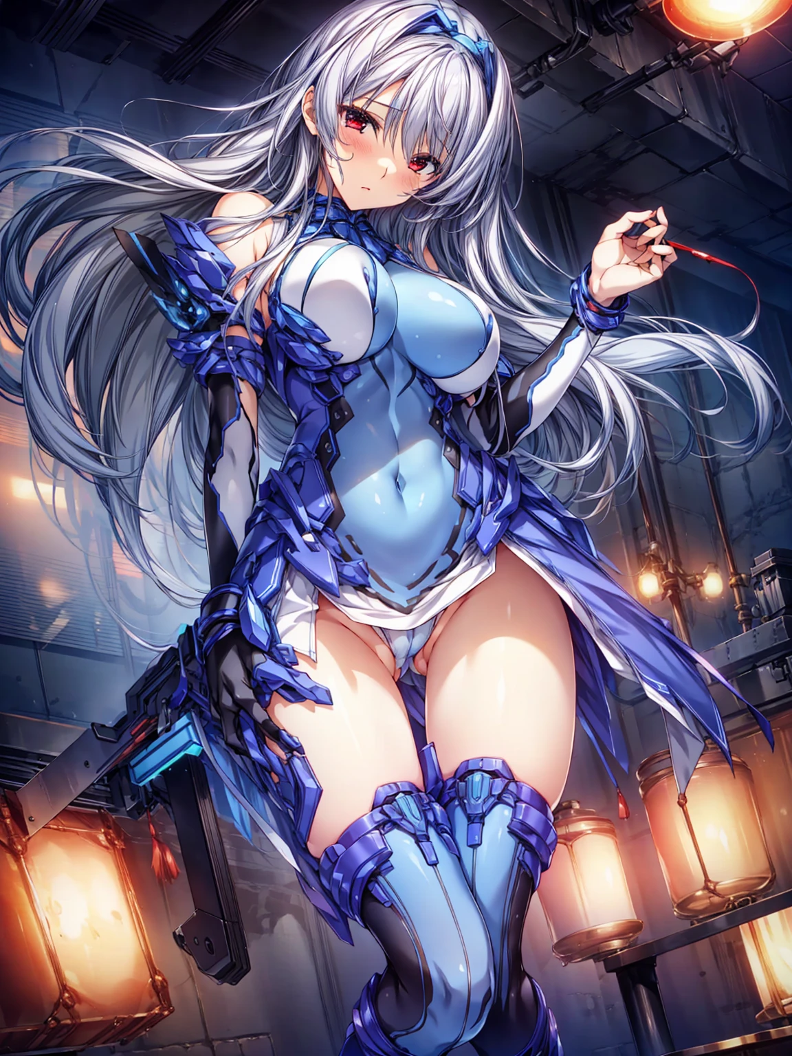 masterpiece, Highest quality, Anime Style,Official Art Beautiful Lighting, 1 Girl, bangs, Inside a futuristic base, whole body, Blue and white outfit, masterpiece,Noise Reduction,perfect anatomy,high resolution, ultra-detailed,game cg,dutch angle ,beautiful detailed eyes,visualart,five fingers, perfect hands, perfect lighting,(cameltoe:1.3),red eyes,(Silver Hair:1.2)