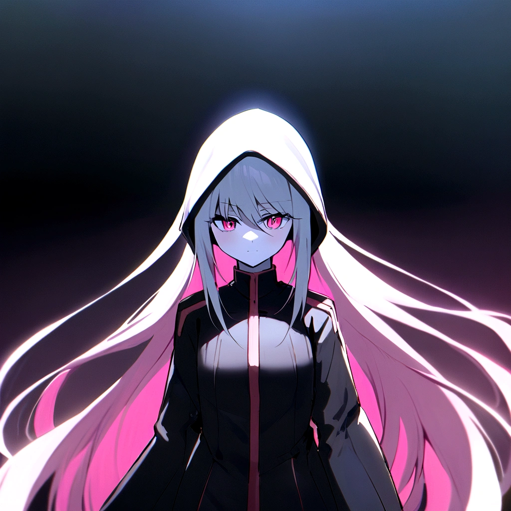 make me a female, 20 years old, white skin, white very long hair, she's grinning evily, bright pink cat eyes, cyber clothes, black outfit, coat and hood, pink powers around her