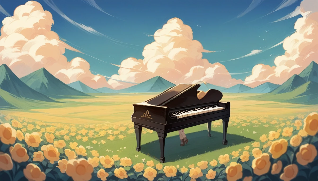 A grand piano in a flower field、The blue sky spreads across the sky、Rice terraces viewed from the summit、Sunrise over the horizon