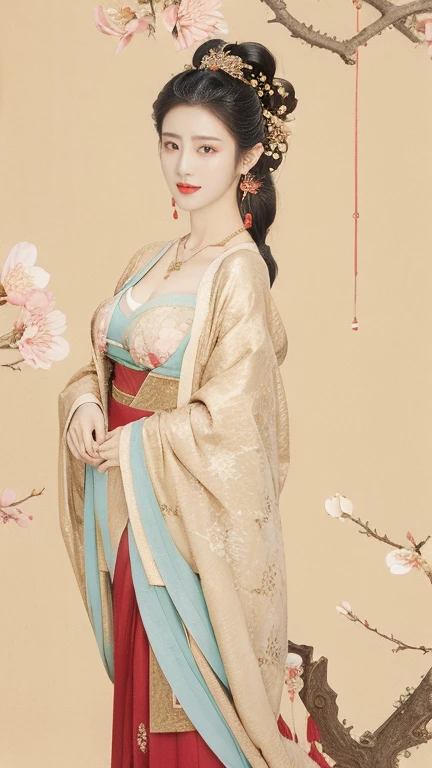 highly detailed, 8K, masterpiece, full-body shot，Facing the camera，1 girl, Black hair, nude, Smile, (perfect_Face), boundary, close up, crazy,, Gorgeous, complicated, Dramatic Lighting, 4K, detailed, Caustic lines, Half Body,  Huge breasts 1.5，Deep cleavage，Transparent woven Hanfu，Exquisite ancient hair accessories、Necklace and Earrings，Standing under the peach tree in full bloom，Flowers all around。