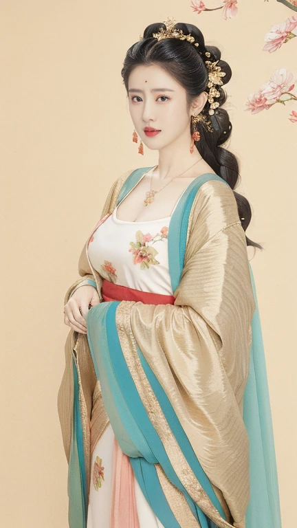 highly detailed, 8K, masterpiece, full-body shot，Facing the camera，1 girl, Black hair, nude, Smile, (perfect_Face), boundary, close up, crazy,, Gorgeous, complicated, Dramatic Lighting, 4K, detailed, Caustic lines, Half Body,  Huge breasts 1.5，Deep cleavage，Transparent woven Hanfu，Exquisite ancient hair accessories、Necklace and Earrings，Standing under the peach tree in full bloom，Flowers all around。