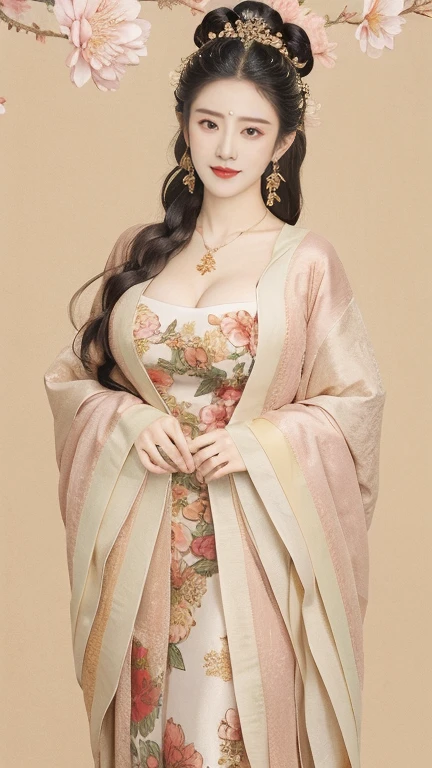 highly detailed, 8K, masterpiece, full-body shot，Facing the camera，1 girl, Black hair, nude, Smile, (perfect_Face), boundary, close up, crazy,, Gorgeous, complicated, Dramatic Lighting, 4K, detailed, Caustic lines, Half Body,  Huge breasts 1.5，Deep cleavage，Transparent woven Hanfu，Exquisite ancient hair accessories、Necklace and Earrings，Standing under the peach tree in full bloom，Flowers all around。