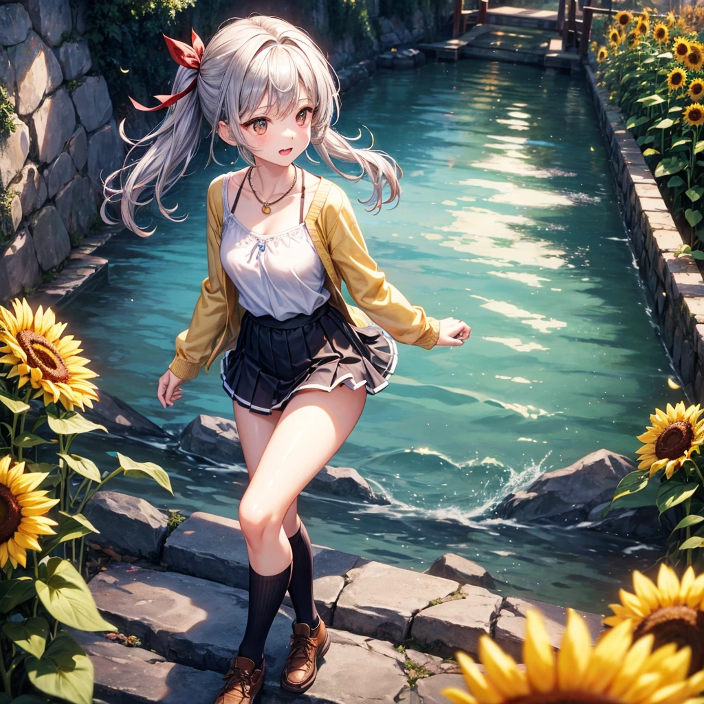 Red, brown, gold, gold hair、Golden Eyes、Hair tied up、One good looking girl、solo、anime、Checkered mini skirt、Ruffles on the skirt、camisole、Lightweight cardigan、school uniform、Black knee-high socks、Wearing a baseball cap、Ribbon、Ribbon on waist、Teeth are visible、Silver coin necklace、From above、Sunflower Tunnel、Cobblestones、waterfall、Have sunflowers、Starry Sky、Midnight Moon、Winding Road、Unlocking、suspension bridge、Soap bubbles are flying、mosquito、beam