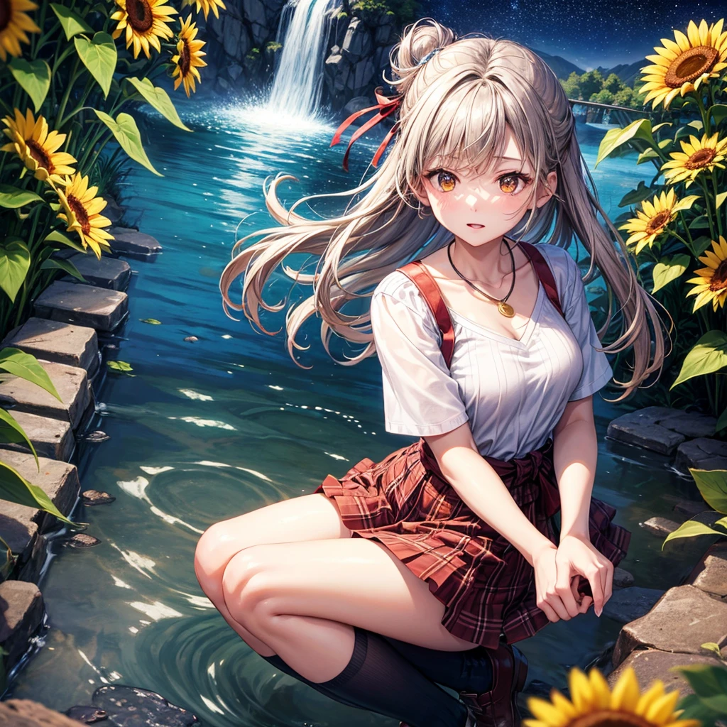 Red, brown, gold, gold hair、Golden Eyes、Hair tied up、One good looking girl、solo、anime、Checkered mini skirt、Ruffles on the skirt、camisole、Lightweight cardigan、school uniform、Black knee-high socks、Wearing a baseball cap、Ribbon、Ribbon on waist、Teeth are visible、Silver coin necklace、From above、Sunflower Tunnel、Cobblestones、waterfall、Have sunflowers、Starry Sky、Midnight Moon、Winding Road、Unlocking、suspension bridge、Soap bubbles are flying、mosquito、beam