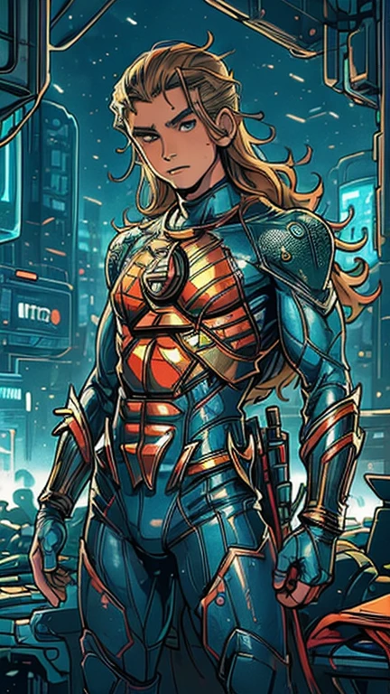 best quality,masterpiece,1boy,solo,(((13years old))),japanese boy,an extremely cute and handsome boy,highly detailed beautiful face and eyes,petit,cute face,lovely face,baby face,shy smile,show teeth, Blonde hair,Long hair,flat chest,skinny,slender,(((wearing a Aquaman costume))),(((heroic pose in Dark Midnight Neon Glow light Cyberpunk metropolis city))),he is looking at the viewer,