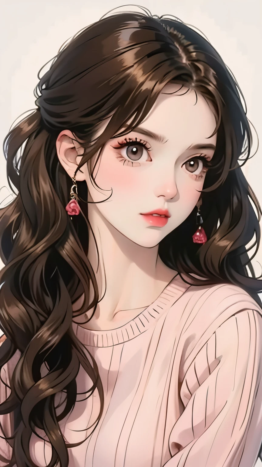Girl, long brown hair, brown eyes, sharp features, white skin, pink lips, curly hair, perfect, sweater