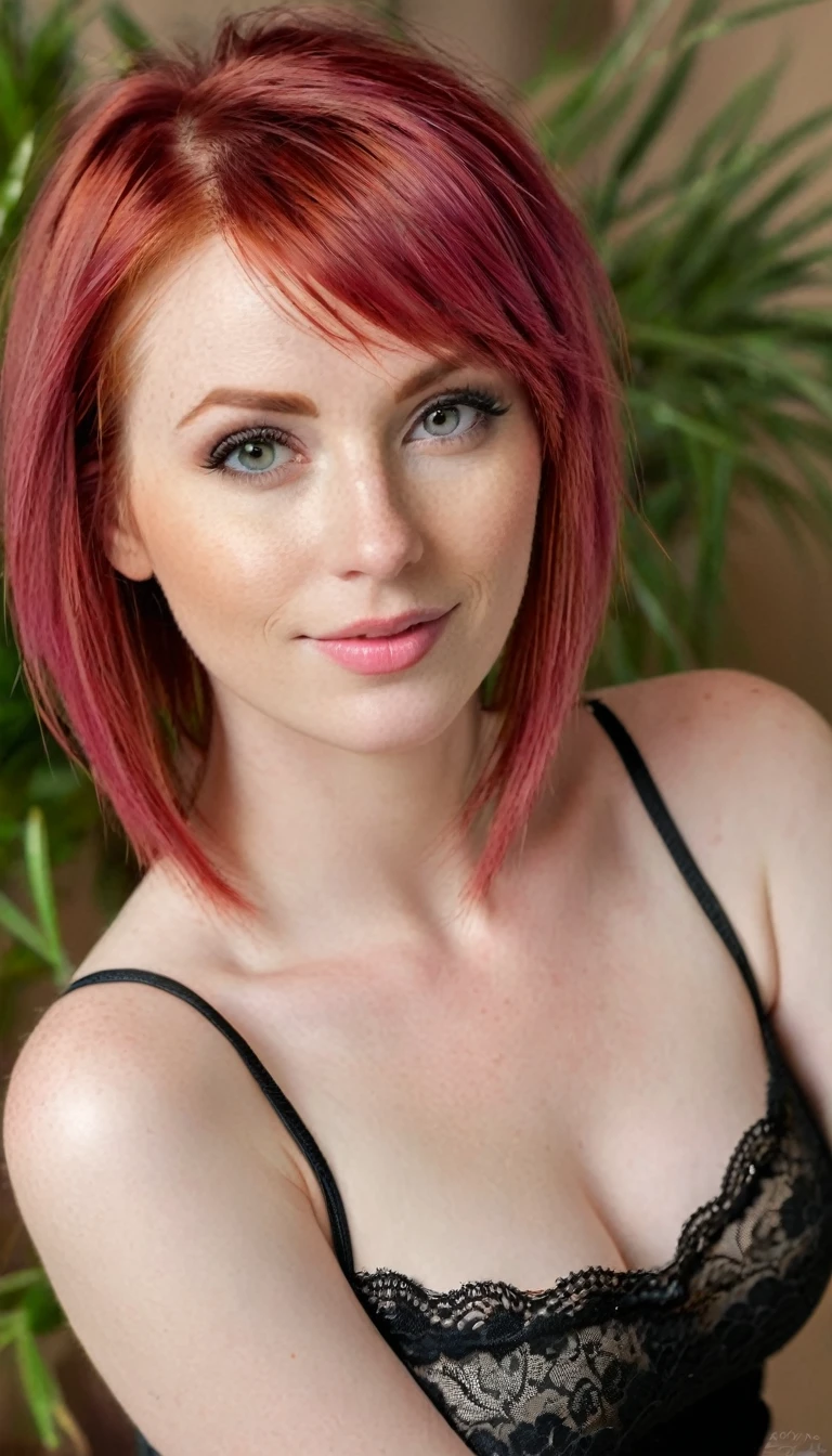a sexy, slightly smiling twin mom with pretty short spiky red hair in a middle part with side bangs. has sexy eyes and pale pink lips and cheeks. wear a camisole and lace skirt, So beautiful. preset d'digital art, tout le corps, moonlight background, s'sit down and have a coffee, cleavage love