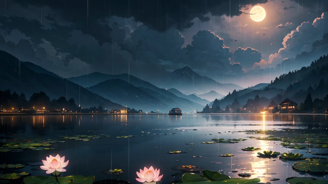 night, Only moonlight illuminates, Meniscus, Mountains in the distance, Beautiful big lotus nearby, Big red lotus, There is running water next to it, frog, Summer is full of joy, Crescent moon and stars mixed in the sky, Amazing wallpapers, Rainy Night, Rainy night, Beautiful and beautiful, light, High Detail ((Heavy rain))), 8K