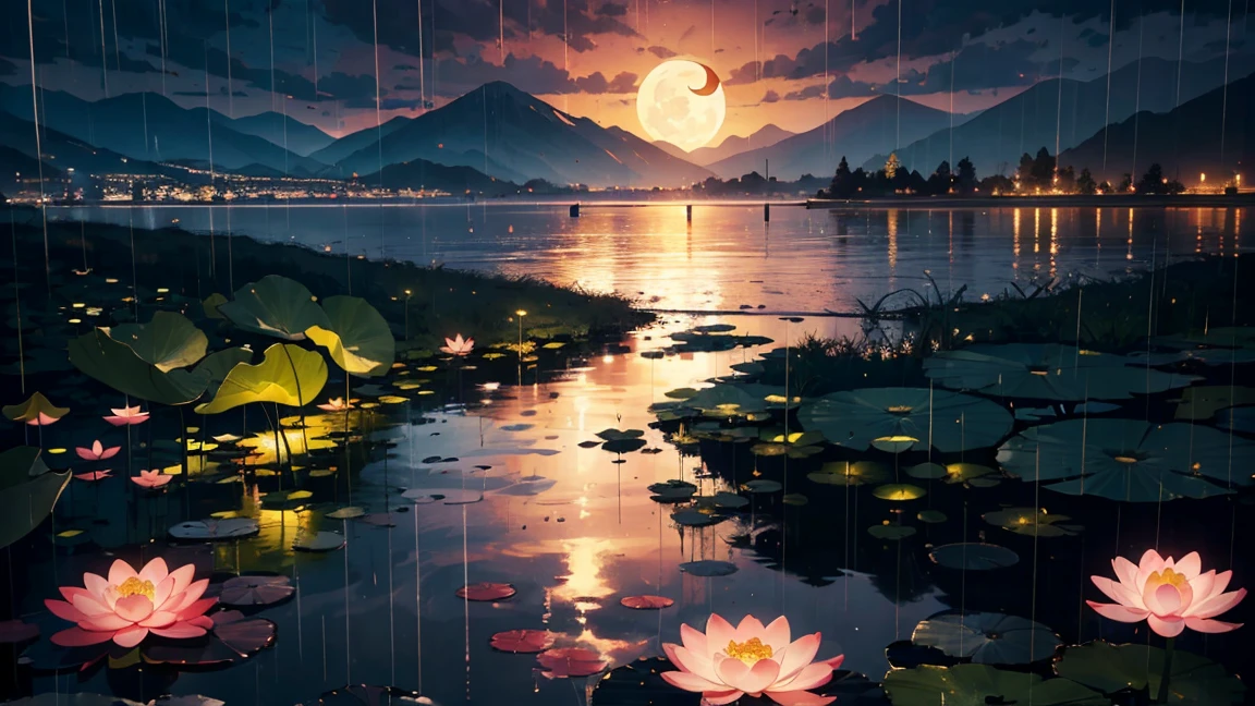 night, Only moonlight illuminates, Meniscus, Mountains in the distance, Beautiful big lotus nearby, Big red lotus, There is running water next to it, frog, Summer is full of joy, Crescent moon and stars mixed in the sky, Amazing wallpapers, Rainy Night, Rainy night, Beautiful and beautiful, light, High Detail ((Heavy rain))), 8K