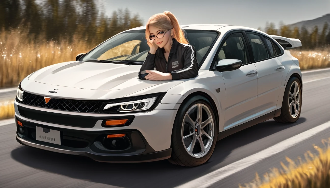 score_9, score_8_up, score_7_up, source_photo, photography, photorealistic, detailed, rating safe, renault megane, driver is wearing glasses, looking at viewer, masterpiece, best quality, 8k,